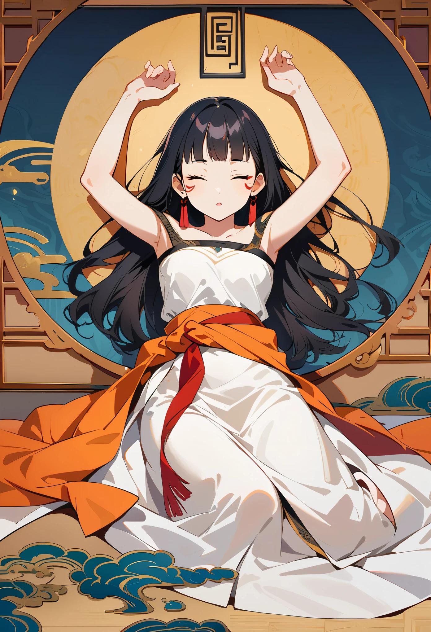 A Chinese beauty, wearing an off-the-shoulder white dress with a red sash around her waist and long black hair, lying on an orange clothed bed in an ancient Chinese room, eyes closed, red earrings hanging from her ears, a full body photo with real skin texture and real details of facial features, in the style of an ancient Chinese artist.