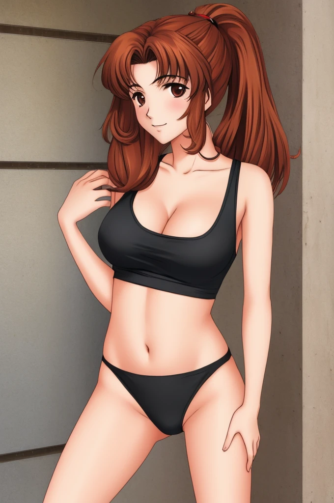 Sonozaki　Misao Sonozaki, masterpiece, best quality, a sexy mature woman is standing naked next to the gym wall and her hand on her hip and smiling, 1girl, solo, pubic hair, bare breasts, female pubic hair, nipples, tank top shirt, bottomless, cleavage, navel, ponytail, clothes lift, smile