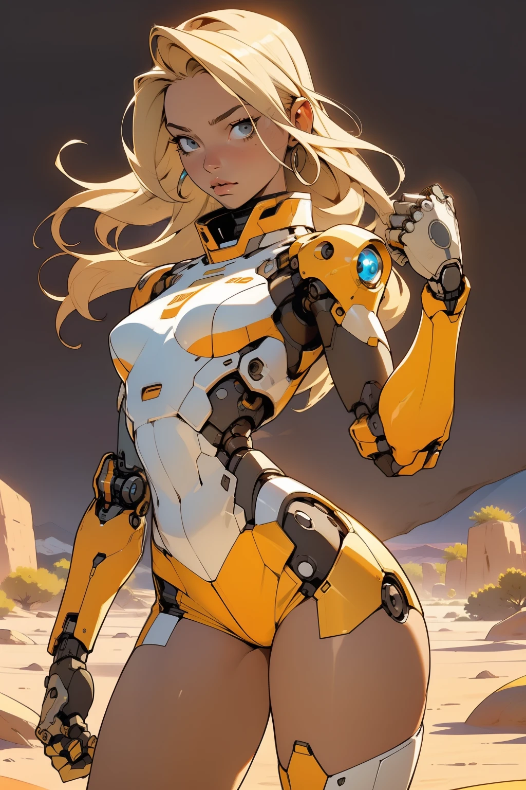 high quality, 4k, masterpiece, beautiful, cyborg girl, cowboy shot, dull eyes, front, looking at viewer, long blonde hair, girl, small breasts, fit thighs, robotic arms, robotic body, cyborg body, white & yellow uniform, orange accent, intricate detail, joint, detailed lines, robotic detail, holding fist up, holding hand up as fist, color robotic parts, robotic parts with color, perfect fingers, on a desert planet, sunny background, colorful desert, a river or a lake in the background, slender thighs, skinny thighs,