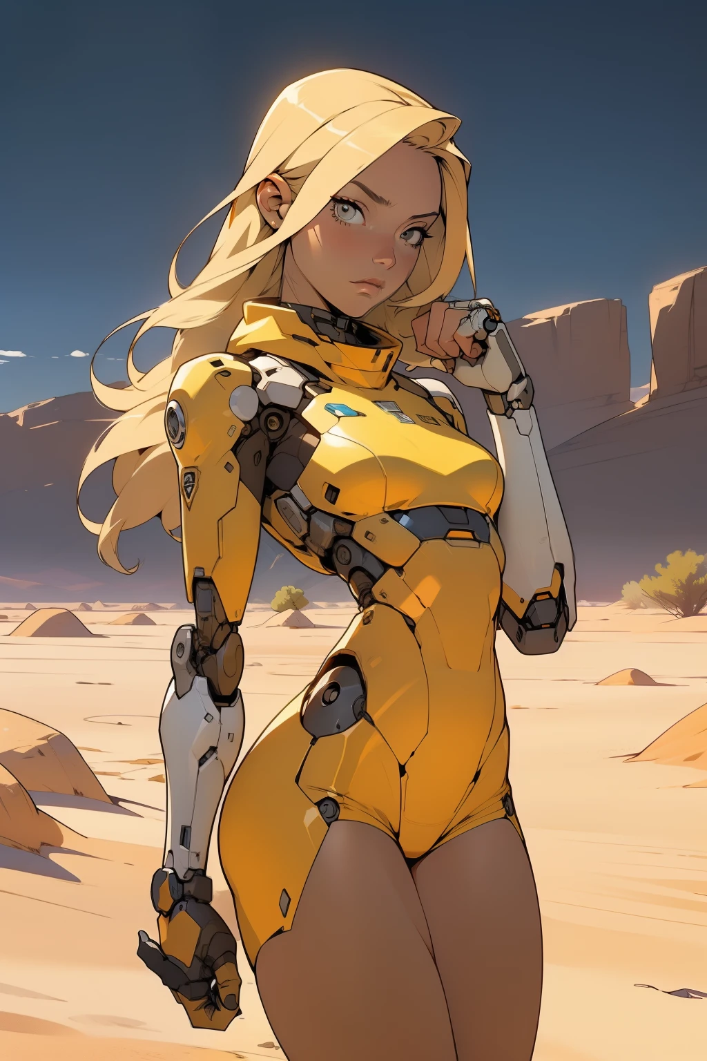 high quality, 4k, masterpiece, beautiful, cyborg girl, cowboy shot, dull eyes, front, looking at viewer, long blonde hair, girl, small breasts, fit thighs, robotic arms, robotic body, cyborg body, white & yellow uniform, orange accent, intricate detail, joint, detailed lines, robotic detail, holding fist up, holding hand up as fist, color robotic parts, robotic parts with color, perfect fingers, on a desert planet, sunny background, colorful desert, a river or a lake in the background, slender thighs, skinny thighs,