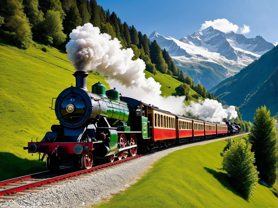 (arte de pixel:1.3), (vista lateral:1.3), vivid scene of a vintage steam locomotive gracefully cutting through the picturesque landscapes of the Alps in the early 20th century, mostre o corpo alongado do trem adornado com detalhes intrincados, Your wheels spin rhythmically as you gain speed on the winding tracks, deixe os majestosos Alpes aparecerem ao fundo, its snow-capped peaks and verdant valleys provide a breathtaking contrast to the mechanical marvel that is the steam train, encapsulate the nostalgia and sense of adventure that characterized the era, the golden rays of the sun dance over the polished metallic surfaces, dando vida a esta cena atemporal, capturing the essence of a bygone era
