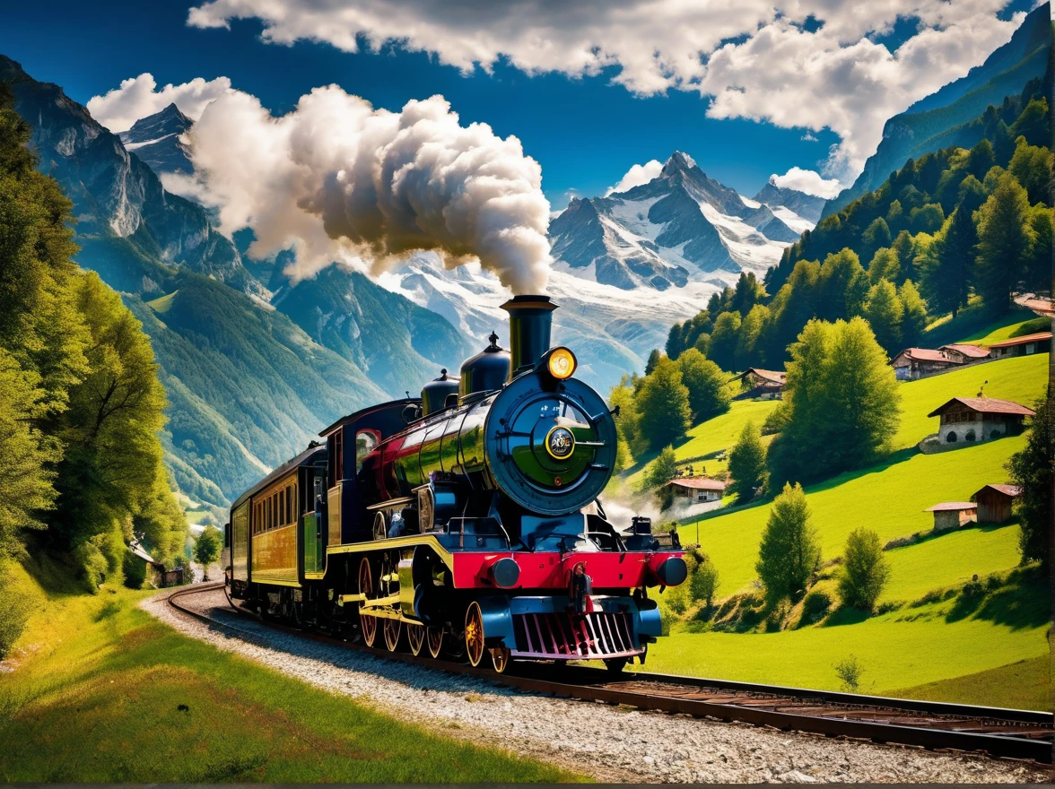 (arte de pixel:1.3), (vista lateral:1.3), vivid scene of a vintage steam locomotive gracefully cutting through the picturesque landscapes of the Alps in the early 20th century, mostre o corpo alongado do trem adornado com detalhes intrincados, Your wheels spin rhythmically as you gain speed on the winding tracks, deixe os majestosos Alpes aparecerem ao fundo, its snow-capped peaks and verdant valleys provide a breathtaking contrast to the mechanical marvel that is the steam train, encapsulate the nostalgia and sense of adventure that characterized the era, the golden rays of the sun dance over the polished metallic surfaces, dando vida a esta cena atemporal, capturing the essence of a bygone era