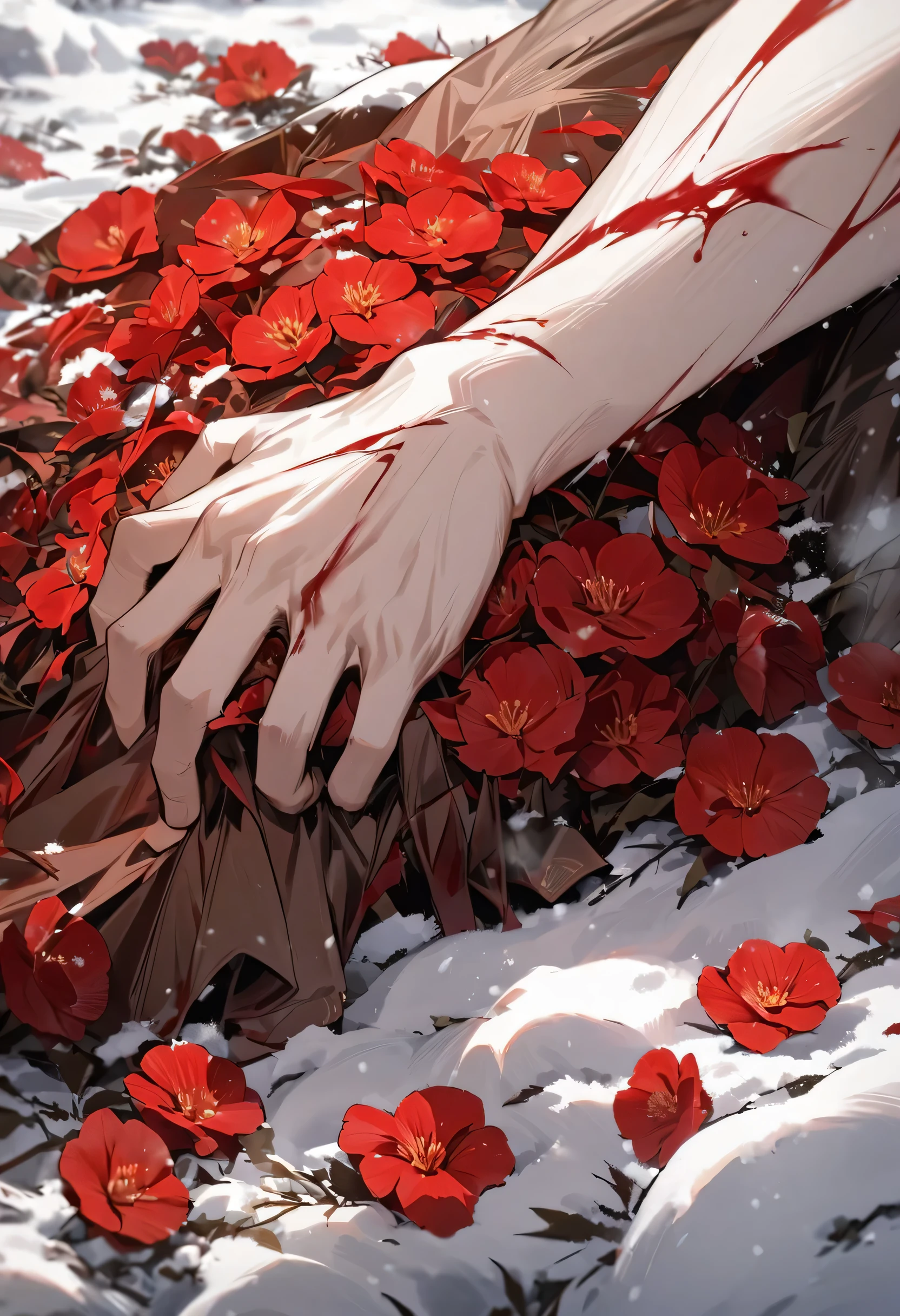 {{excellent}}, {{masterpiece}}, {{bookcover}}, one severed male arm lying from the top right to the bottom left, hand bottom left, top arm bleeding, on snowy field, snow is red where blood is, the hand is open, within the hand is a nearly withered red flower