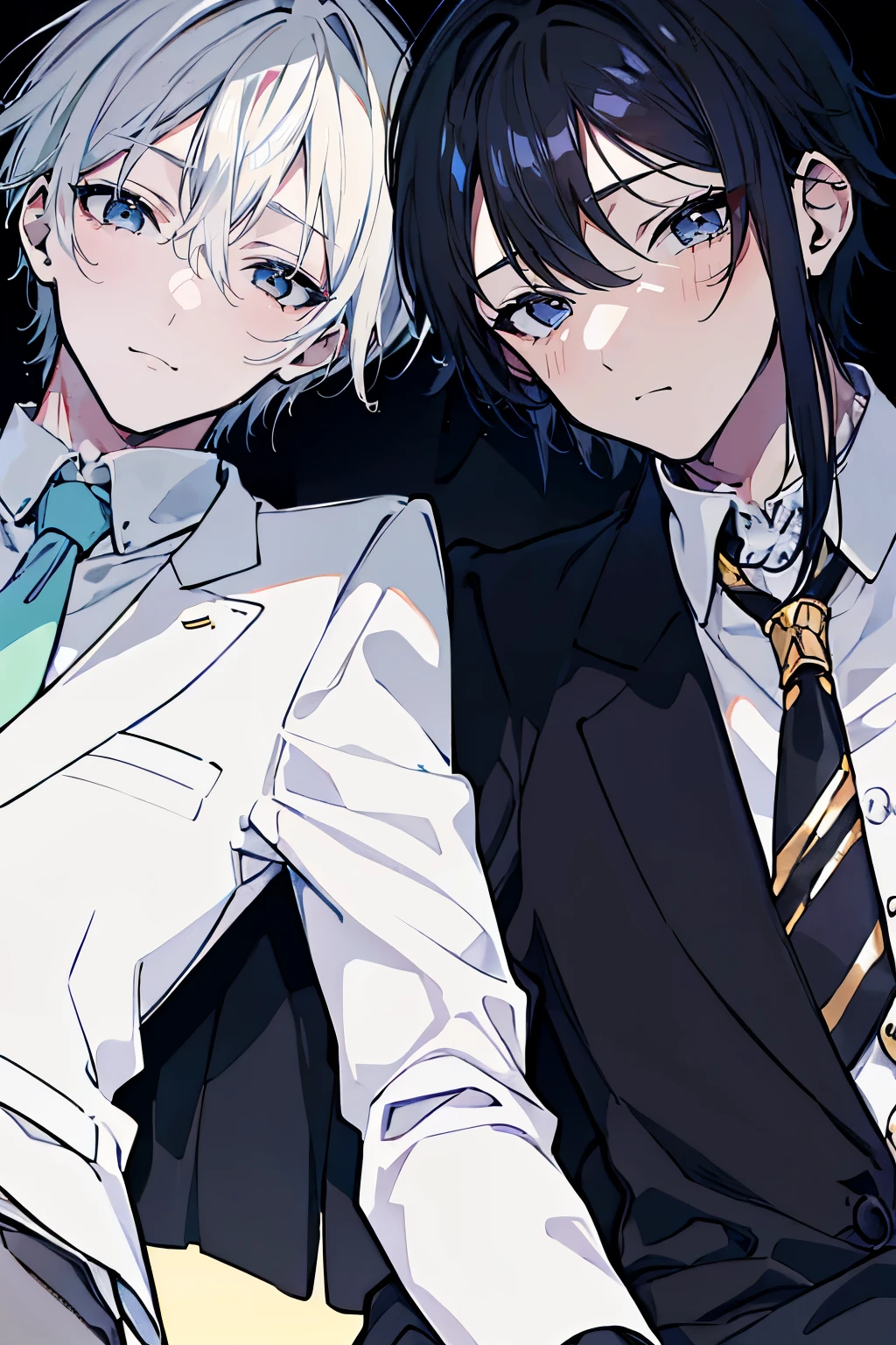 (muste piece), (best quality), very detailed, ((Two friendly men)), perfect face, beautiful face, very detailed顔,(black haired man:1.3),(white haired man:1.3),suit,shirt