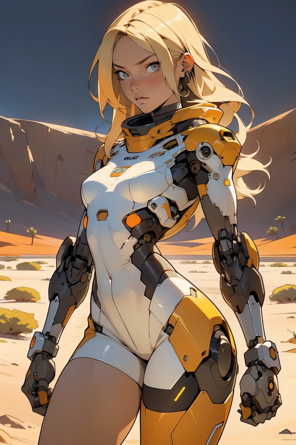 high quality, 4k, masterpiece, beautiful, cyborg girl, cowboy shot, dull eyes, front, looking at viewer, long blonde hair, girl, small breasts, fit thighs, robotic arms, robotic body, cyborg body, white & yellow uniform, orange accent, intricate detail, joint, detailed lines, robotic detail, holding fist up, holding hand up as fist, color robotic parts, robotic parts with color, perfect fingers, on a desert planet, sunny background, colorful desert, a river or a lake in the background, slender thighs, skinny thighs,