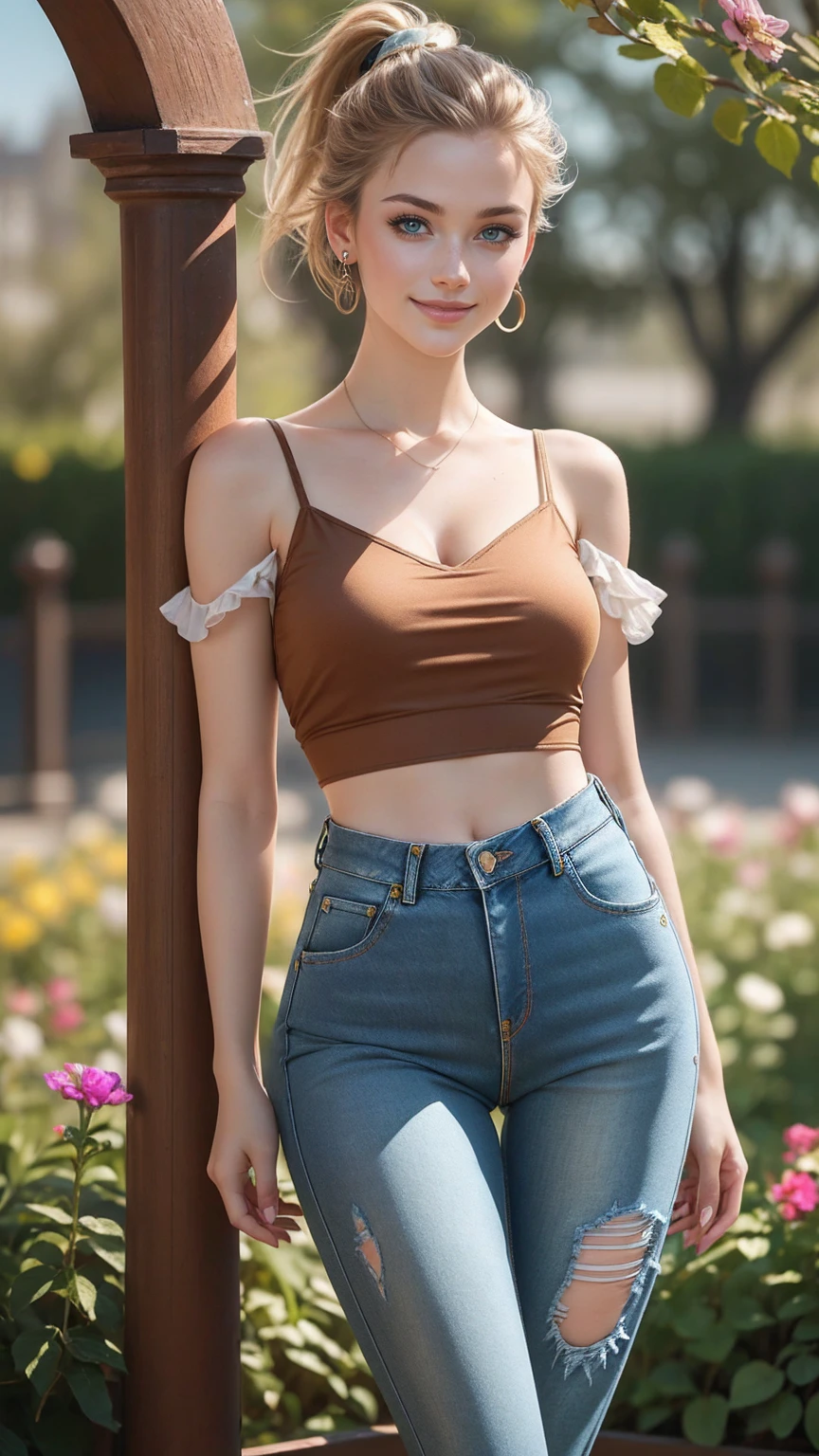((最high quality, 8K, masterpiece: 1.3, Ultra HD, high quality, 最high quality, High resolution, realism)) 、25 year old white woman、blue eyes、long hair、smile、slender、slenderだがアスリートのような細マッチョ、I don&#39;t want my head to disappear from the screen.、Wear accessories on your wrist、Wearing red nail polish、I have a peticure、aerial perspective((atmospheric perspective))、smile((smiley))、background blur((depth of field)、crystal earrings((crystal earrings))、Dark Blonde、Folded ponytail((folded ponytail)、Shoulder Tops((shoulder cutout tops))wear、Damaged Jeans((damage denim pants))Wear、Wear stiletto heels、Standing in front of a flowered arch in a hedged garden