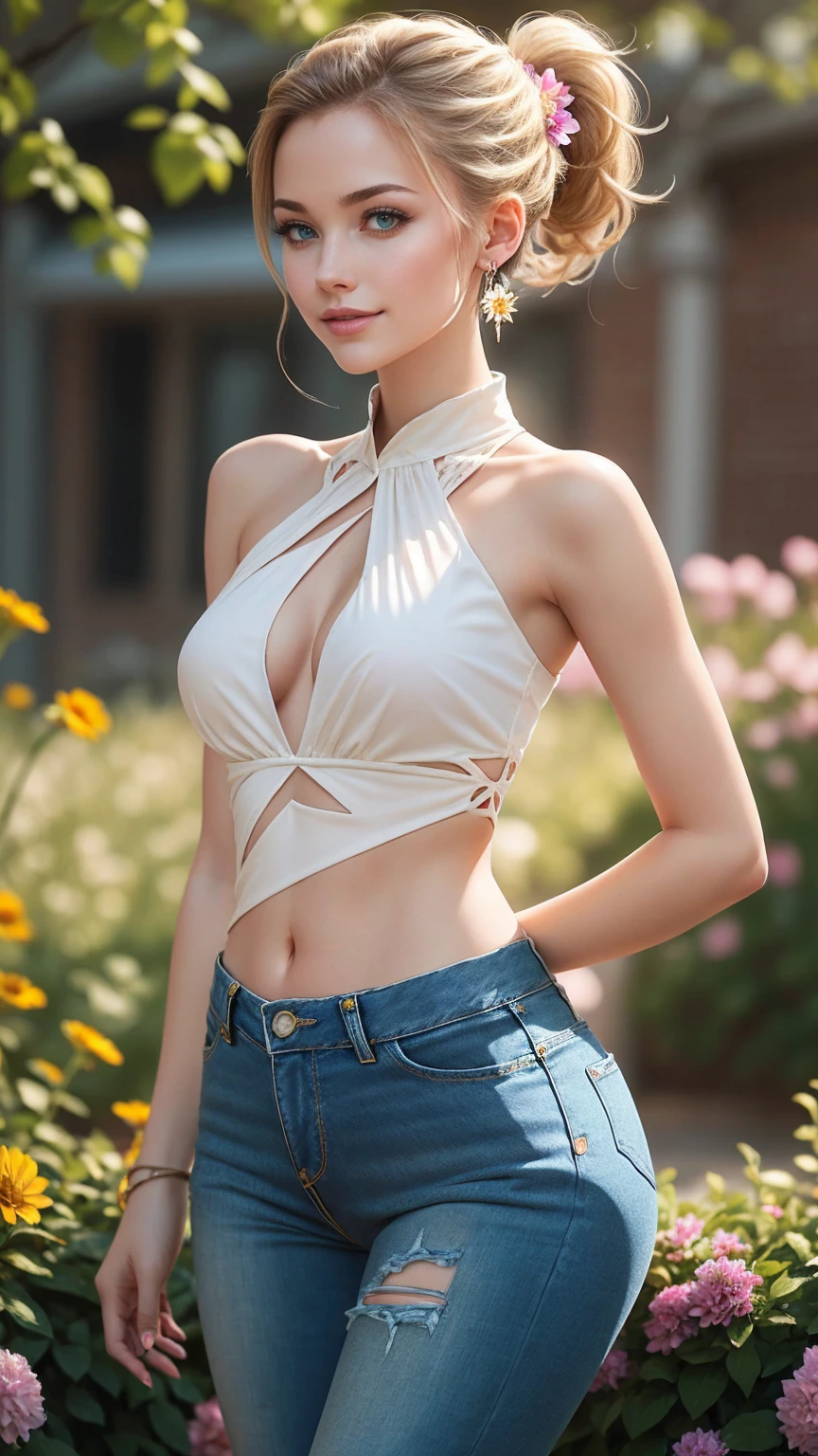 A 22-year-old extremely beautiful white woman、Supermodel proportions、Hair color blonde、blue eyeedium Hair、Straight Hair、Hair pulled up and tied back((hair pulled back))、Cross halter neck with lace embellishment【cross halter neck】Wear tops、Lower milk visible、Navel visible、Large chest、Narrow waist、Wear leggings、Wear high heels、In a garden full of flowers、smile