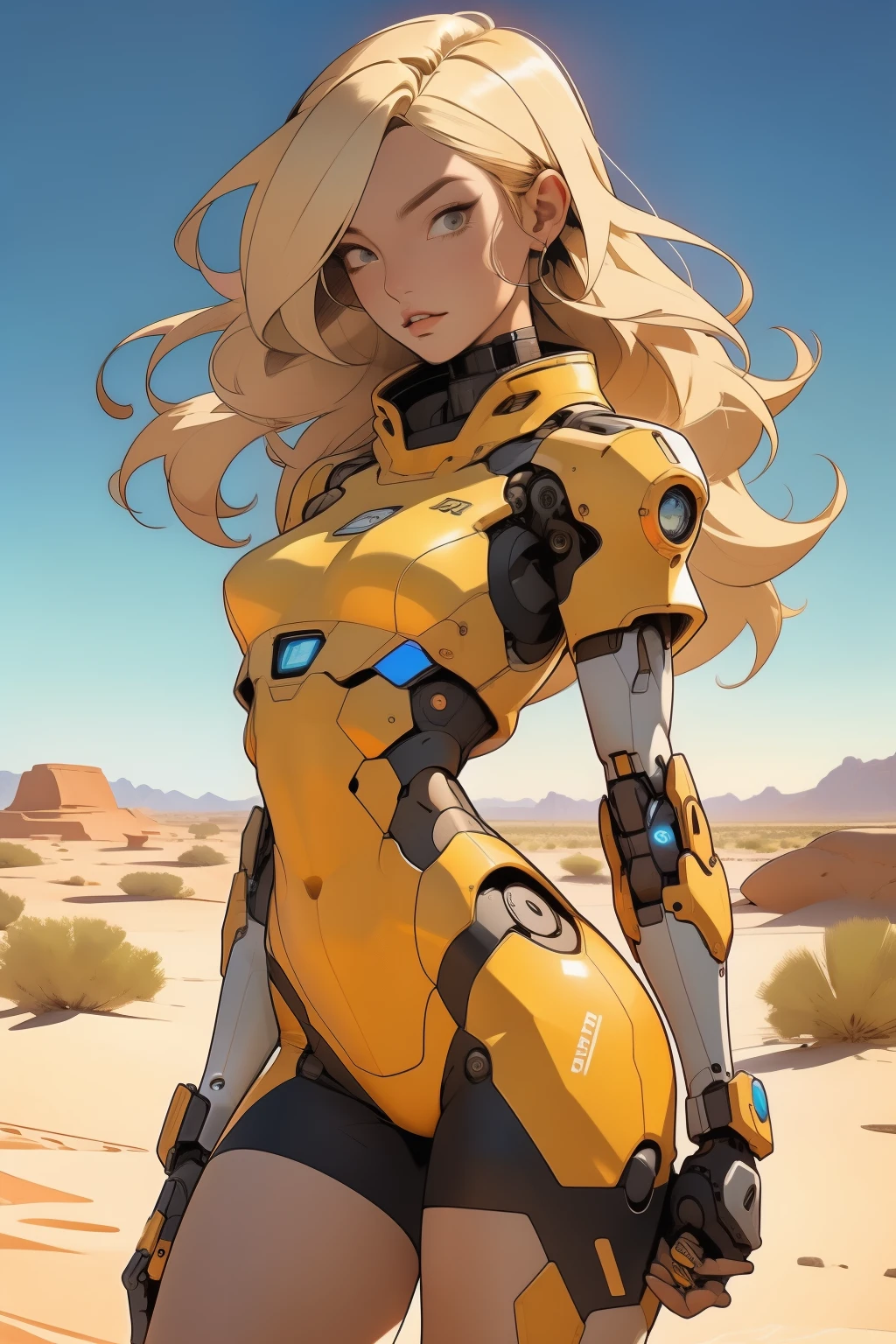 high quality, 4k, masterpiece, beautiful, cyborg girl, cowboy shot, dull eyes, front, looking at viewer, long blonde hair, girl, small breasts, fit thighs, robotic arms, robotic body, cyborg body, white & yellow uniform, orange accent, intricate detail, joint, detailed lines, robotic detail, holding fist up, holding hand up as fist, color robotic parts, robotic parts with color, perfect fingers, on a desert planet, sunny background, colorful desert, a river or a lake in the background, slender thighs, skinny thighs,