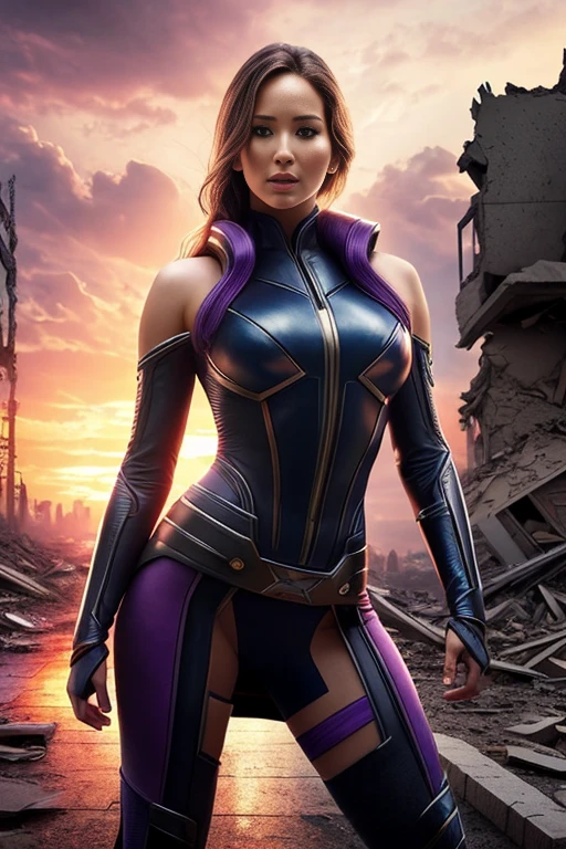jennifer lawrence、torn suit、I'm wearing a skirt、masterpiece, 1 girl, マーベルのサイロックとしてbeautiful女性, X-Men Psylocke Cosplay、purple suit、Fine and delicate features, Futuristic New York Background, Science fiction, blonde, super heroine, heroic, perfect balance, photograph, 超realistic, masterpiece, 8k, large format camera, 110mm lens, dynamic lighting, rim lighting、official art, extremely detailed CG 8K wallpaper, perfect lighting, De color, bright_amount_method_light, piel bright, (masterpiece:1.0), (Better_quality:1.0), ultra high resolution, 4k , Super detailed, director of photography, 8K, HDR, Altas Resolightones, (confused:1.2), kodak portrait 400, film grain, blurred background, (Bokeh:1.2), Lens flare, (lively_color:1.2), プロのphotograph撮影, (beautiful_method:1.5),More detailed 8K.Unreal Engine:1.4,Hmm,La Better calidad:1.4, realistic:1.4, Skin temperature:1.4, masterpiece:1.8,masterpiece, Better calidad,object object], (detailed facial features:1.3),(Anti-sedentary apocalyptic destroyed city:1.4), (Apocalyptic Sunset:1.4)