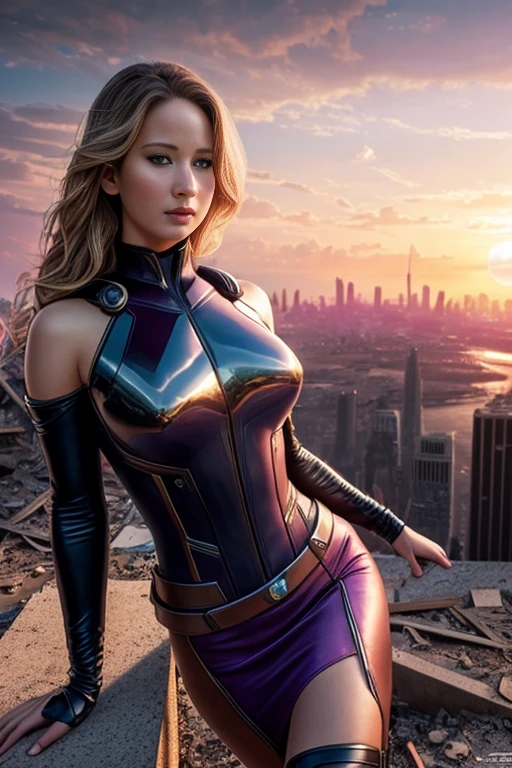 jennifer lawrence、torn suit、I'm wearing a skirt、masterpiece, 1 girl, マーベルのサイロックとしてbeautiful女性, X-Men Psylocke Cosplay、purple suit、Fine and delicate features, Futuristic New York Background, Science fiction, blonde, super heroine, heroic, perfect balance, photograph, 超realistic, masterpiece, 8k, large format camera, 110mm lens, dynamic lighting, rim lighting、official art, extremely detailed CG 8K wallpaper, perfect lighting, De color, bright_amount_method_light, piel bright, (masterpiece:1.0), (Better_quality:1.0), ultra high resolution, 4k , Super detailed, director of photography, 8K, HDR, Altas Resolightones, (confused:1.2), kodak portrait 400, film grain, blurred background, (Bokeh:1.2), Lens flare, (lively_color:1.2), プロのphotograph撮影, (beautiful_method:1.5),More detailed 8K.Unreal Engine:1.4,Hmm,La Better calidad:1.4, realistic:1.4, Skin temperature:1.4, masterpiece:1.8,masterpiece, Better calidad,object object], (detailed facial features:1.3),(Anti-sedentary apocalyptic destroyed city:1.4), (Apocalyptic Sunset:1.4)