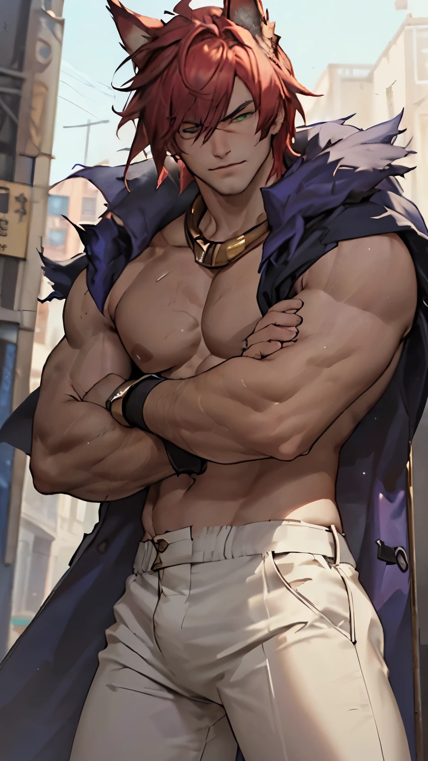 ((the best quality)), ((Masterpiece)), (details), perfect face, high definition, Masterpiece,4k,details clearly, Handsome face, white skin, perfect body, male body, strong muscles, Green eyes, white skin, The most handsome man in the world, handsome, The coolest face, Male characters, close image (1man, shirtless), mischievous smile, Extremely muscular tall man, open your eyes ((detailed eyes)), huge, muscular body and Massive, bulging pecs, muscular abs, narrow waist, short hair, carefree expression, clear face, handsome (detailed face, perfect face) ((extremely realistic shadows, bodybuilding posture, human, V shape, white pants, Shirtless, topless, close up look, CG sense, Textured skin, the best quality, Storytelling images, Show your abs, Red hair, Green eyes, eyes contact, Luxury outfits, Owl ears, long overcoat, ((sleeveless coat)), Red and Dark purple overcoat, Tight pants, Golden, Small Golden Chain, Black Fur Wool on shoulder, Open Overcoat, Sett, The boss, Dark Room, furious, ridicule face, prepare to fight, fighter, in the arena, punching