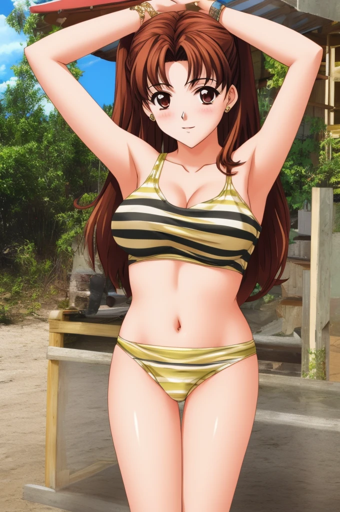 Sonozaki　Misao Sonozaki, masterpiece, best quality, an attractive sexy model with big natural tits on nudists beach posing and showing hairy pussy, 1girl, nipples, breasts, solo, black t-shirt, clothes lift, arms up, kneeling, jewelry, navel, shirt lift, striped, seductive smile, photo background