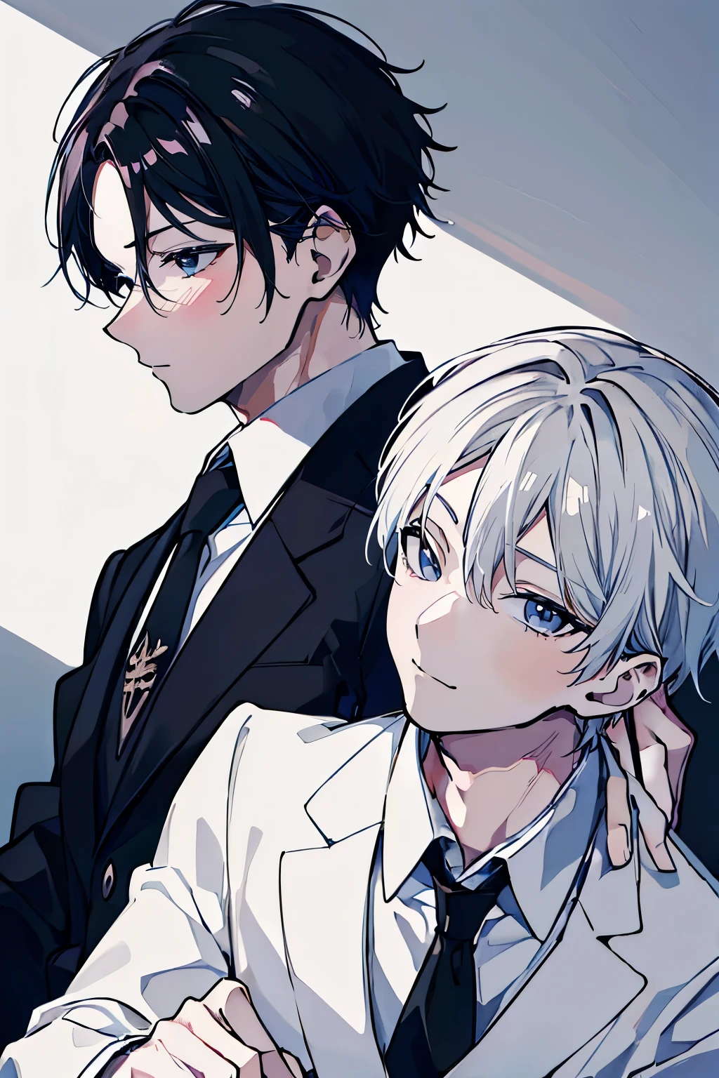 (muste piece), (best quality), very detailed, ((Two friendly men)), perfect face, beautiful face, very detailed顔,(black haired man:1.3),(white haired man:1.3),suit,shirt