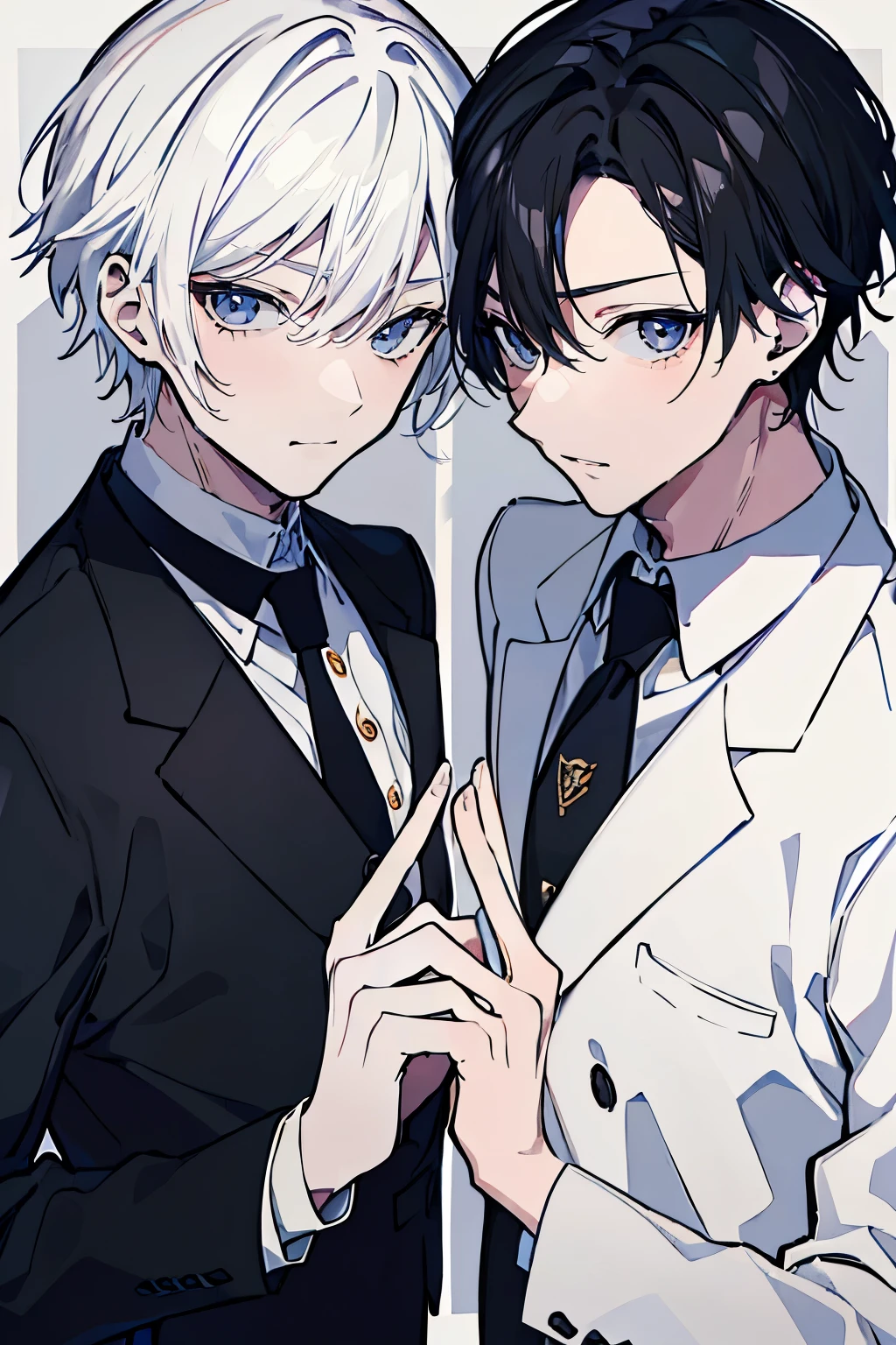 (muste piece), (best quality), very detailed, ((Two friendly men)), perfect face, beautiful face, very detailed顔，(black haired man:1.3)，(white haired man:1.3)，suit，shirt