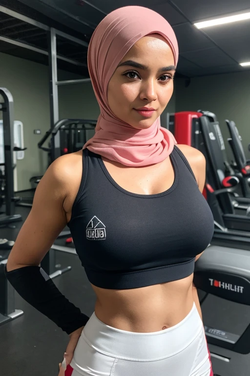 photo of  malay girl wearing hijab, gym outfit, at the gym, (((big breasts, cleavage))),(((sexy midriff))), ((hourglass figure)), ((pastel color hijab)), lipstick, photorealistic, masterpiece, realistic, realism, photorealism, high contrast, photorealistic, 8k HD high definition detailed realistic, detailed, skin texture, hyper detailed, realistic skin texture, best quality, (photorealistic:1.4), high resolution, detailed, raw photo, photo realistic, (high detailed skin:1.2), 8k uhd, dslr, soft lighting, high quality, film grain, Fujifilm XT3), hyper realistic lifelike texture dramatic lighting unreal engine, even, neutral light, key light, bold, bright colours,