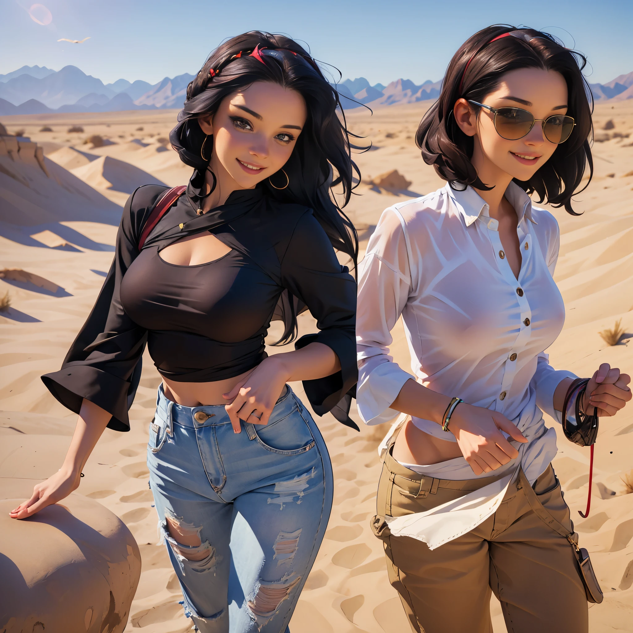 ((Best quality)), ((masterpiece)), ((realistic)), ((Best quality)), ((masterpiece)), ((realistic)), Girl walking in desert, looking tired, wearing Loose-fitting clothing Long-sleeved shirts and pants, Headgear, Sunglasses, very beautiful, in a natural and casual style on eye level, scenic, masterpiece, (highres), original, extremely detailed 8K , (photorealistic:1.4),flawless face, perfect eyes,symmetrica body shape,smile, jenyad