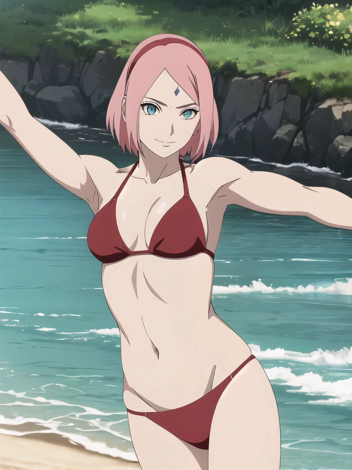 anime style, solo, 1 woman, super ultra details, very high resolution, perfect anatomy, ultra detailed face, high vibrance, (blue light), ((cold colors)), 1girl, haruno sakura, (tall, thin belly, off-shoulders, biceps, closed fists, pale skin, long belly, small breasts, forehead mark), ((red t-back bikini, red hair band)), looking at viewer, (beach, stretching, armpit line), floating hair, big smile, cowboy shot, (reddish pink hair, short hair), spring time