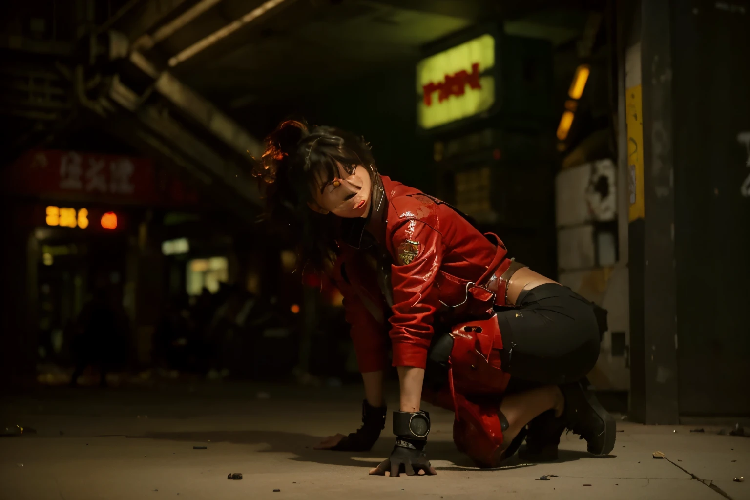 (Best quality, 8k, 32k, Masterpiece, UHD:1.2) Transform the scene into the dystopian metropolis of Neo-Tokyo from the iconic Akira movie. Envision towering skyscrapers stretching into the smog-filled sky, their neon signs casting an eerie glow over the bustling streets below. Capture the chaotic energy of the city, with throngs of people navigating through crowded alleys and busy intersections. Depict the gritty urban landscape, characterized by decaying infrastructure and graffiti-covered buildings. Incorporate futuristic elements such as hover vehicles and advanced technology, juxtaposed against the city's rundown facade. Let the atmosphere crackle with tension and uncertainty, hinting at the underlying turmoil and unrest simmering beneath the surface.