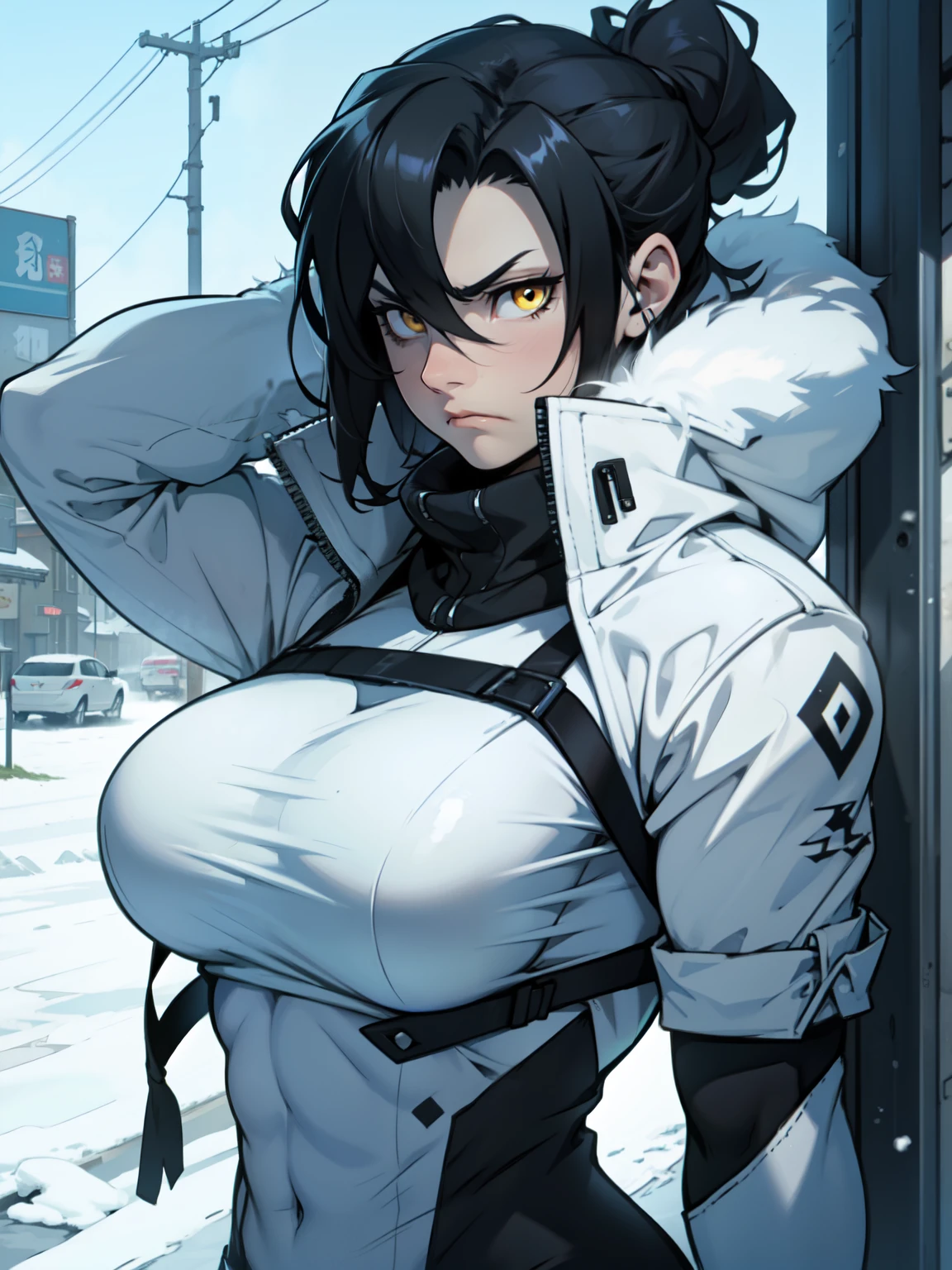 muscular girl thick breasts black hair yellow eyes pale skin best quality sad frown cold cold cold