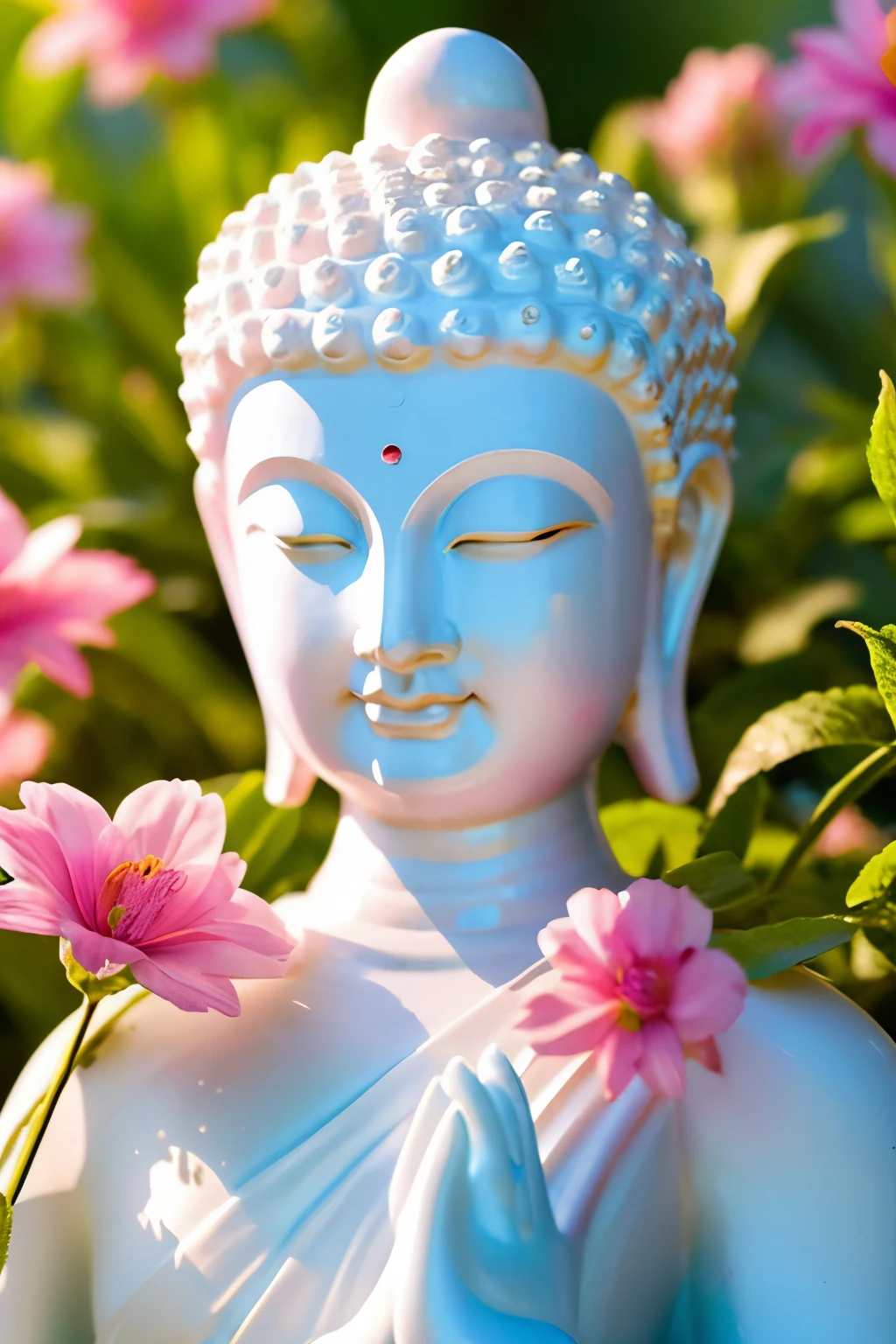 bright background buddha statue Buddha solo front looking here halo is shining upper body only close up of face join hands like a photo The background is full of flowers fantastic background