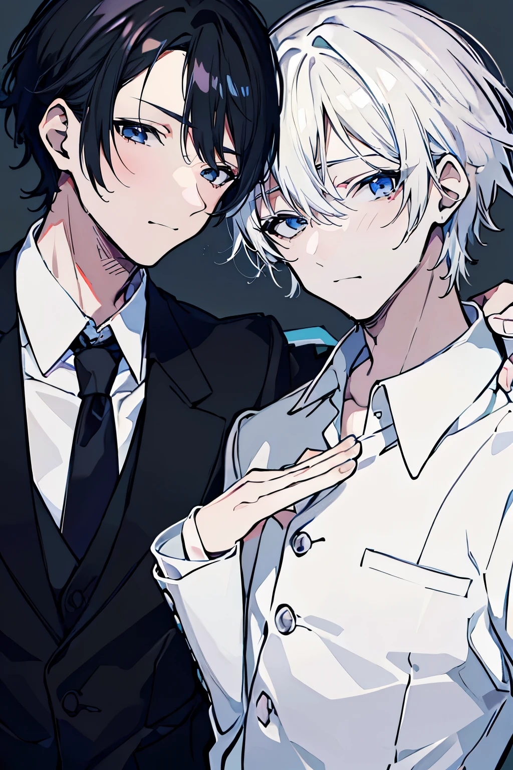 (muste piece), (best quality), very detailed, ((Two friendly men)), perfect face, beautiful face, very detailed顔,(black haired man:1.3),(white haired man:1.3),suit,shirt