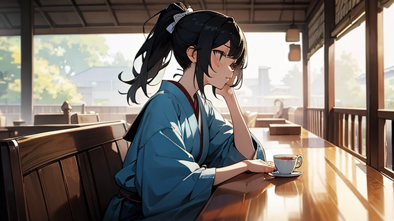 cute woman, Relax at the cafe, Japanese high school student, ponytail, Japanese anime, masterpiece, Illustrated style, Black cat sitting, The woman is wearing headphones