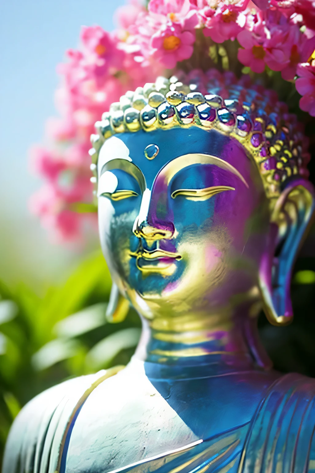 bright background buddha statue　 Buddha　solo front　looking here　halo is shining　upper body only　close up of face　join hands　like a photo　The background is full of flowers fantastic background