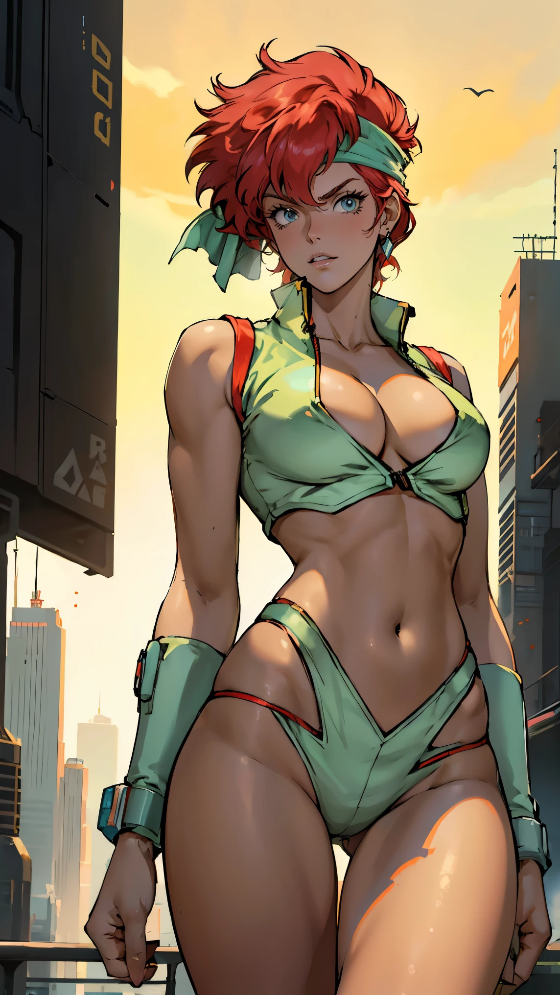 ((Masterpiece, highest quality; 1.3)), super quality, beautiful detail, super detailed, extra fine, 16K, exquisite, absurd, high resolution, beautiful background, detailed background, beautiful eyes, beautiful skin, anime style, Kay from Dirty Pair in a high white outfit, cleavage, bushy redhead beauty, white uniform, wearing tight clothes, skimpy, (mid chest: 1.2), cleavage, cleavage, , slim waist, slim thighs, thigh gap, showing stomach, skinny, thin hips, cyberpunk city background, retro space gun holding, green headband, emerald green headband