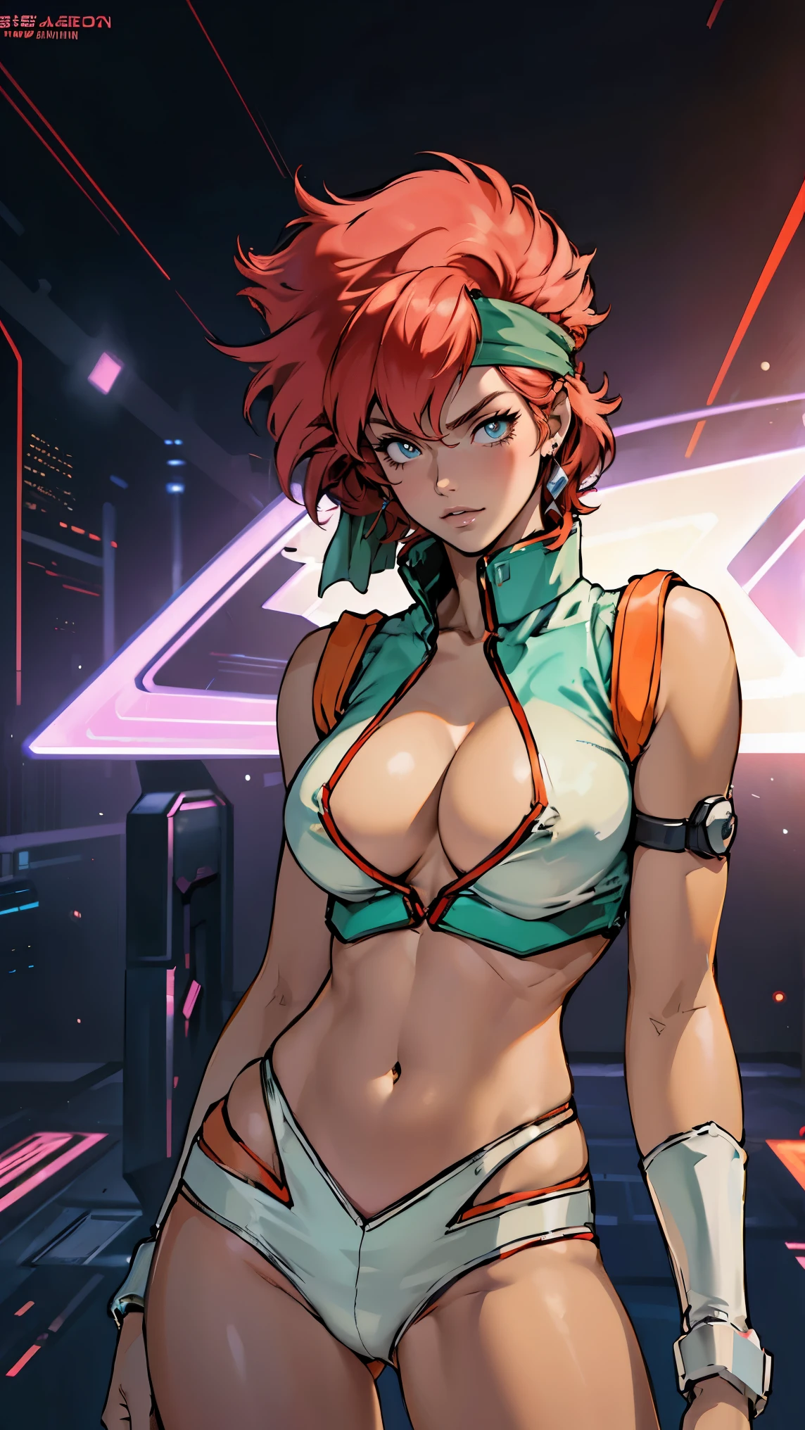 ((Masterpiece, highest quality; 1.3)), super quality, beautiful detail, super detailed, extra fine, 16K, exquisite, absurd, high resolution, beautiful background, detailed background, beautiful eyes, beautiful skin, anime style, Kay from Dirty Pair in a high white outfit, cleavage, bushy redhead beauty, white uniform, wearing tight clothes, skimpy, (mid chest: 1.2), cleavage, cleavage, , slim waist, slim thighs, thigh gap, showing stomach, skinny, thin hips, cyberpunk city background, retro space gun holding, green headband, emerald green headband