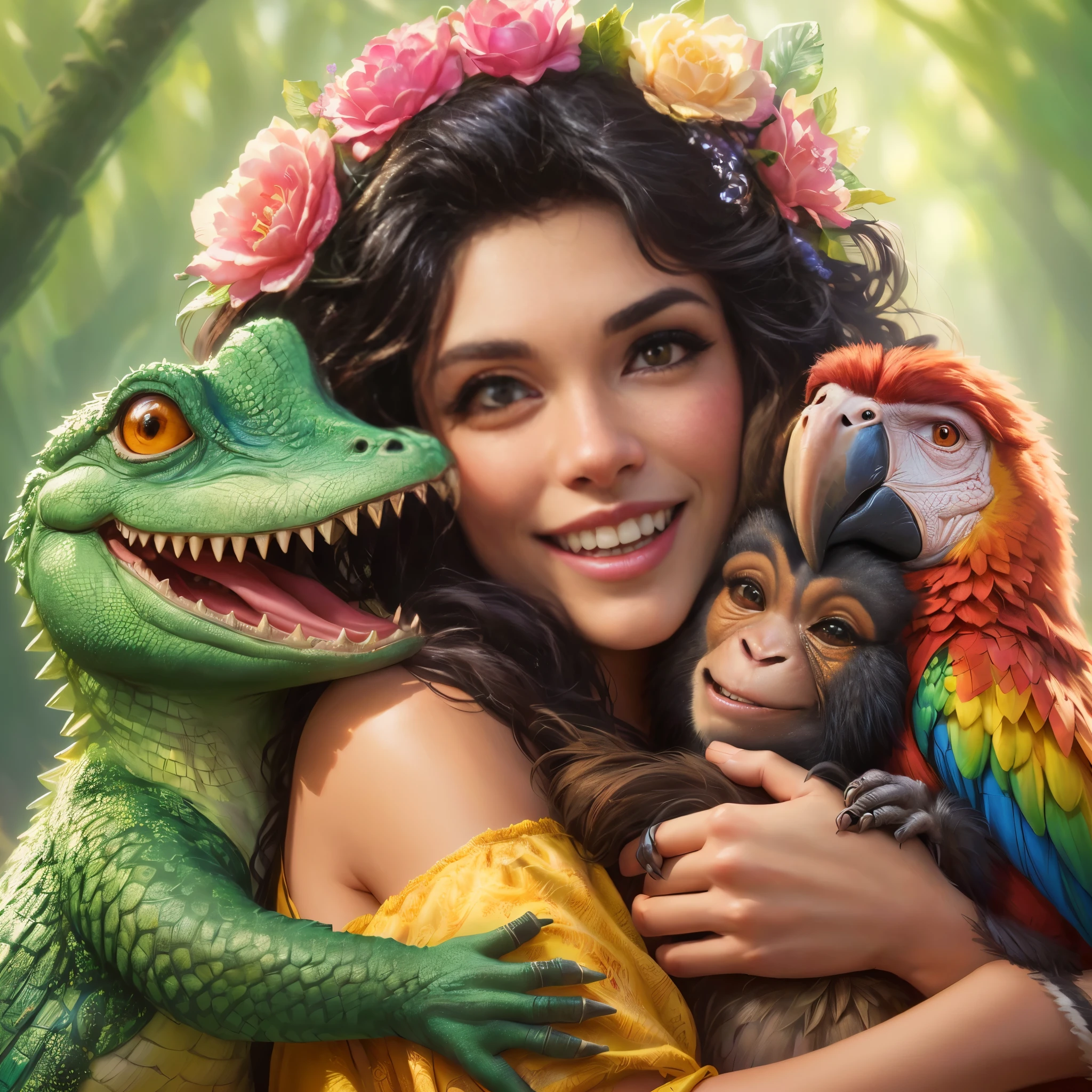 there is a woman holding a monkey, a parrot and a crocodile, realistic fantasy illustration, photorealistic disney, ultra realistic 3d illustration, Beautiful digital illustration, in the style of the croods movie, adorable digital painting, fantasy art behavior, Beautiful artwork digital art, realistic disney photo, stunning digital illustration, cute detailed digital art, inspired by Alison Kinnaird, beautiful fantasy art portrait