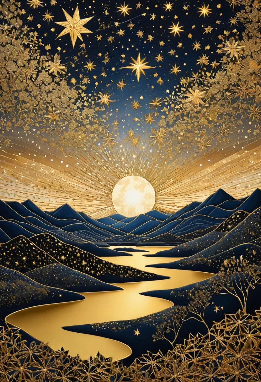 (best quality, highres, ultra sharp), gold tones, stars full sky, zentangle lanscape, Gold Leaf Art
