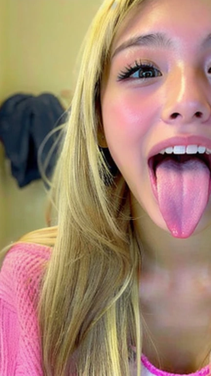 Japanese woman, beautiful girl, gal, blonde, baby face, highest quality realistic skin, eyes in focus, 20 years old, sticking out tongue, focus on mouth, open mouth, long tongue, saliva, open mouth wide, inside of mouth visible, open mouth and sticking out tongue 