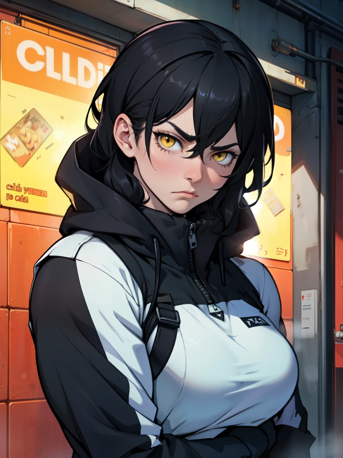 muscular girl thick breasts black hair yellow eyes pale skin best quality sad frown cold cold cold