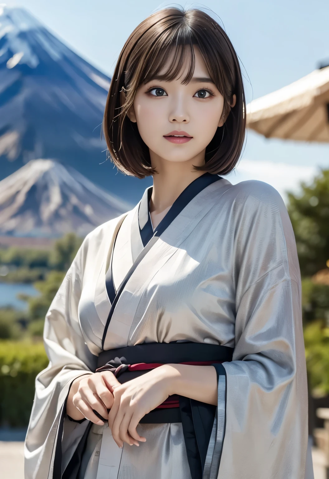 (masterpiece, best quality:1.1), (8k, raw photo, photo realistic:1.2, f22), (shiny skin), detailed skin, Medium Bob,detailed face, detailed eyes, BREAK, real world, intricate details, smil, BREAK, 1girl, (kimono), BREAK, (Mt.Fuji:1.4), BREAK