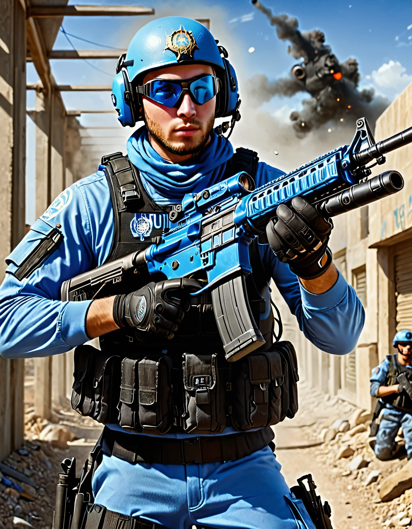 1boy, age 30, united nations patch on shoulder, assault rifle, tactical vest, gloves, tactical gloves, goggles, goggles on headwear, gun, handgun, helmet, headset, male focus, military, military uniform, realistic, solo, trigger discipline, uniform, blue uniform, weapon