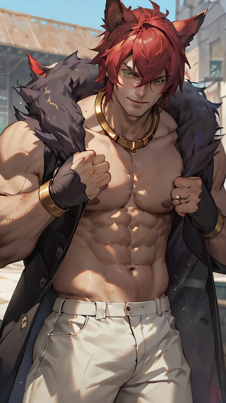 ((the best quality)), ((Masterpiece)), (details), perfect face, high definition, Masterpiece,4k,details clearly, Handsome face, white skin, perfect body, male body, strong muscles, Green eyes, white skin, The most handsome man in the world, handsome, The coolest face, Male characters, close image (1man, shirtless), mischievous smile, Extremely muscular tall man, open your eyes ((detailed eyes)), huge, muscular body and Massive, bulging pecs, muscular abs, narrow waist, short hair, carefree expression, clear face, handsome (detailed face, perfect face) ((extremely realistic shadows, bodybuilding posture, human, V shape, white pants, Shirtless, topless, close up look, CG sense, Textured skin, the best quality, Storytelling images, Show your abs, Red hair, Green eyes, eyes contact, Luxury outfits, Owl ears, long overcoat, ((sleeveless coat)), Red and Dark purple overcoat, Tight pants, Golden, Small Golden Chain, Black Fur Wool on shoulder, Open Overcoat, Sett, The boss, Dark Room, furious, ridicule face, prepare to fight, fighter, in the arena, punching, sunlight, eyes detailed