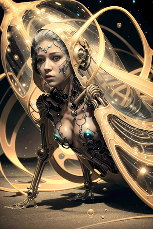best quality,4k,8k,highres,masterpiece:1.2,ultra-detailed,realistic:1.37,HDR,UHD,studio lighting,ultra-fine painting,sharp focus,physically-based rendering,extreme detail description,professional,art nouveau,tarot card style, 2characters, dynamic angle, female alien,(creatures from outer space), cyborg, futuristic,((A humanoid female alien is emerging crawling out from inside a cocoon:1.5)), ((her lower body is still inside the cocoon:1.5)), evolution, (the alien body fluids nurture the surroundings), fractalized, (wearing a glass exoskeleton),biological exoskeleton,alien flora,(surreal science fiction background with bioluminescent fungi),vivid colors,earthen and pale red hues,trending on cgsociety,landscape,(horror),Yoshitaka Amano style,sci-fi,concept artists,bright and vibrant colors,dreamy lighting