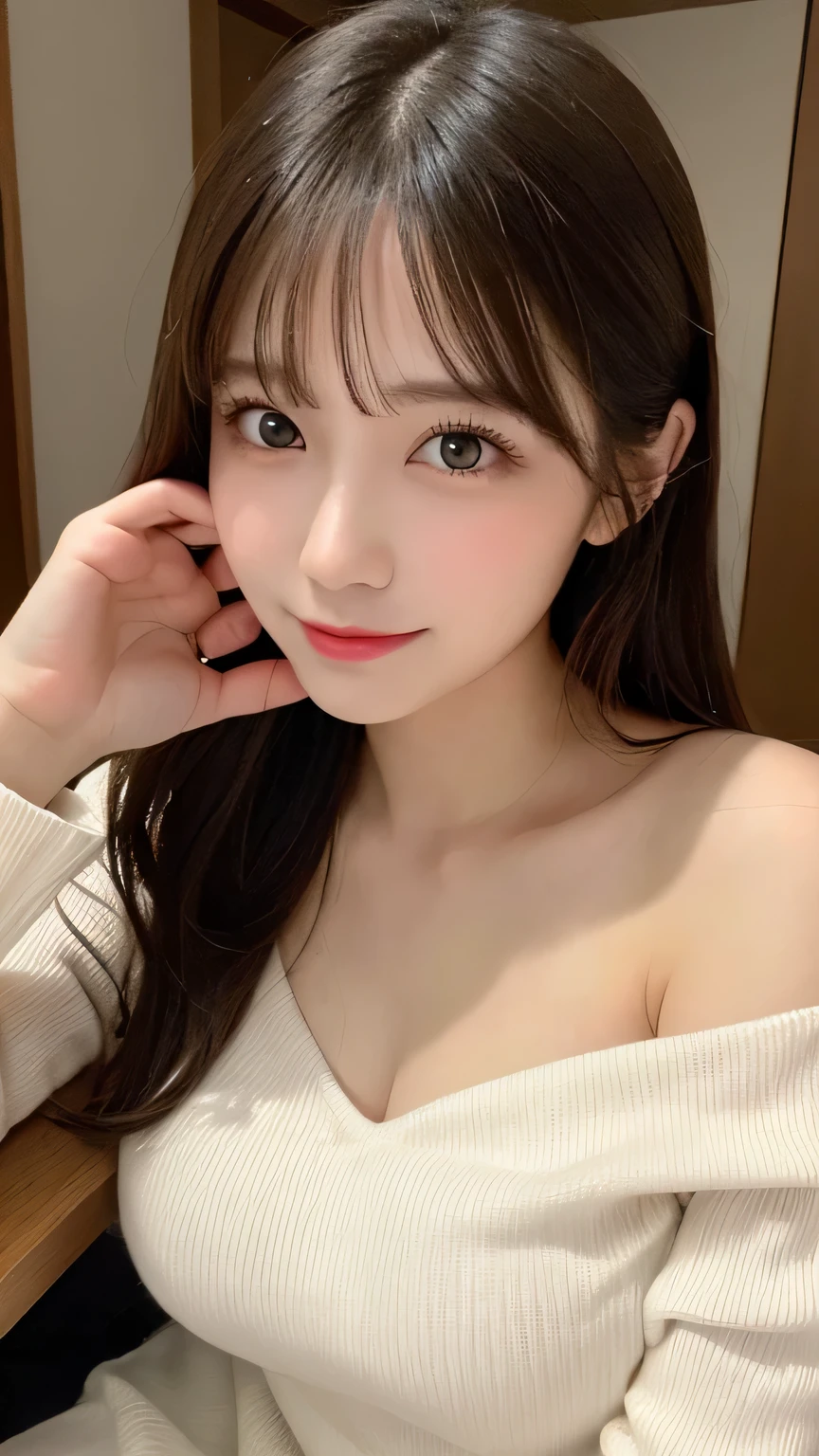 table top, highest quality, shape, Super detailed, finely, High resolution, 8k wallpaper, perfect dynamic composition shape, beautiful and detailed eyes,  natural lip, (big breasts:1.4), random sexy pose,Raw photo,cute,smile、Tight knit dress that makes your chest look beautiful～Chest coordination～、off shoulder