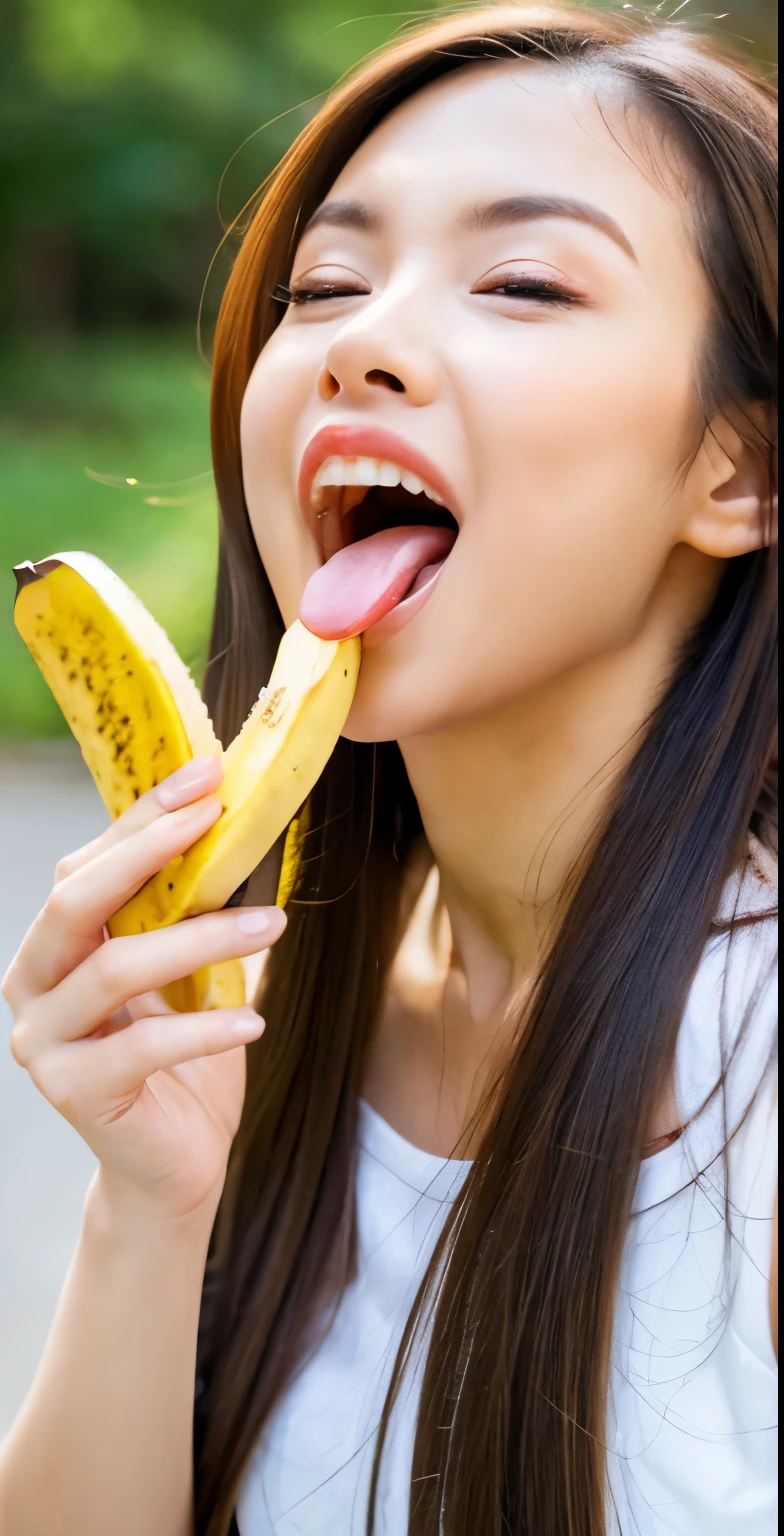 Woman eating a banana , long hair、ponytail、Prime head,big mouth、Fumino eating a banana, plump lips, Beautiful Hair, she is eating a banana,Woman with her mouth wide open , She is eating a banana, , sakimichan,  , 