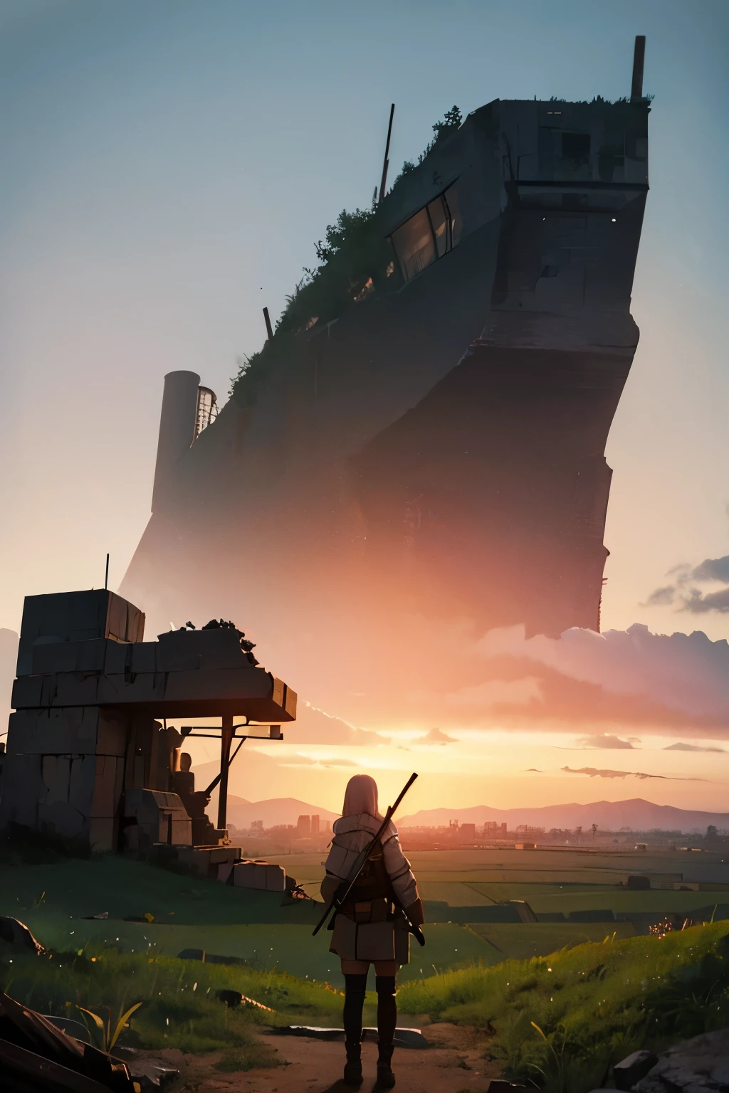 masterpiece, best quality, rorr, survivor, heavy armor, view from behind, looking at the horizon, desolate planet, overgrown ruins, at night, next to a campfire