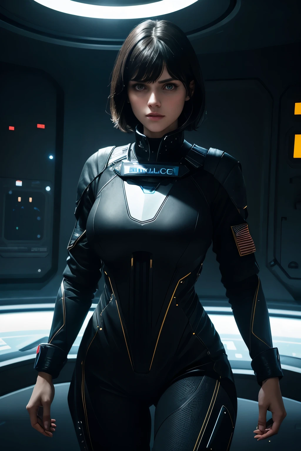 ALEXANDRA DADDARIO,short hair,Bangs,black hair,wear a dress ((Futuristic police space suit)) On the space station., realistic skin, incredible light, ultra realistic,complicated, Sharp focus, Ray Tracing, rtx, Professional color grading, Professional photography, Masterpiece, very detailed, High quality, best quality, 4k, 8k, raw , regeneration of the skin, big breasts,She breast size is M cup, full body, she very sexy, she have perfect body, she so beautifully,She have good eyes,She is full of charm,close up
