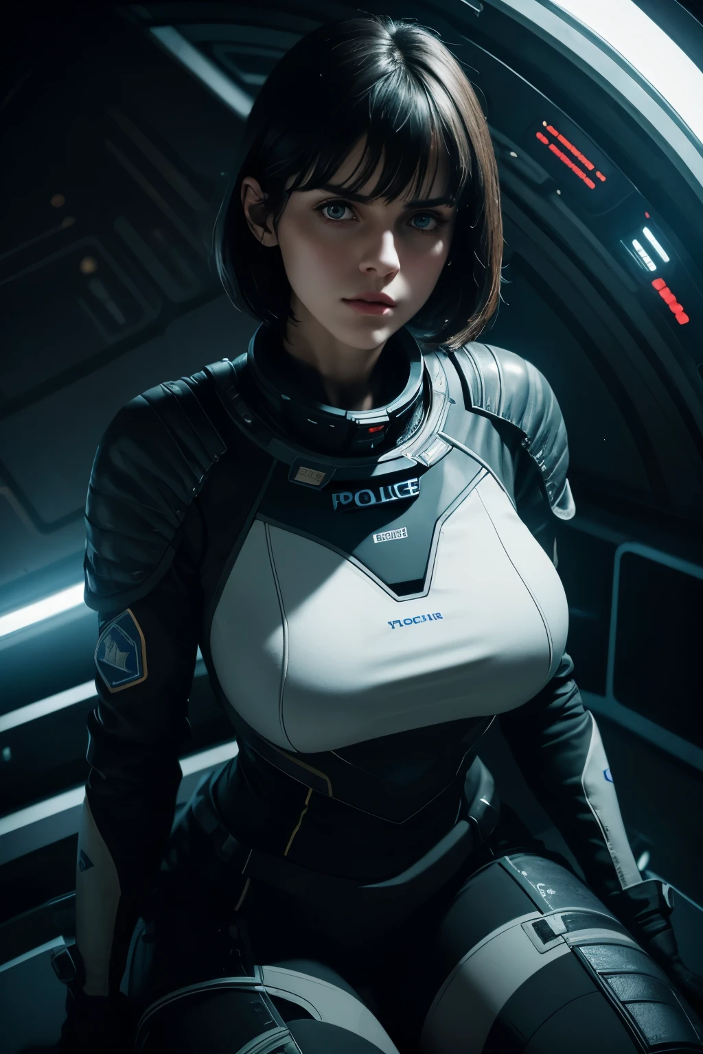 ((high resolution)), athletic, defined muscles, ((pale skin)), freckled, Millie Bobby Brown, ((large breasts)), naked, sexy armor, cyberpunk, neon cityscape