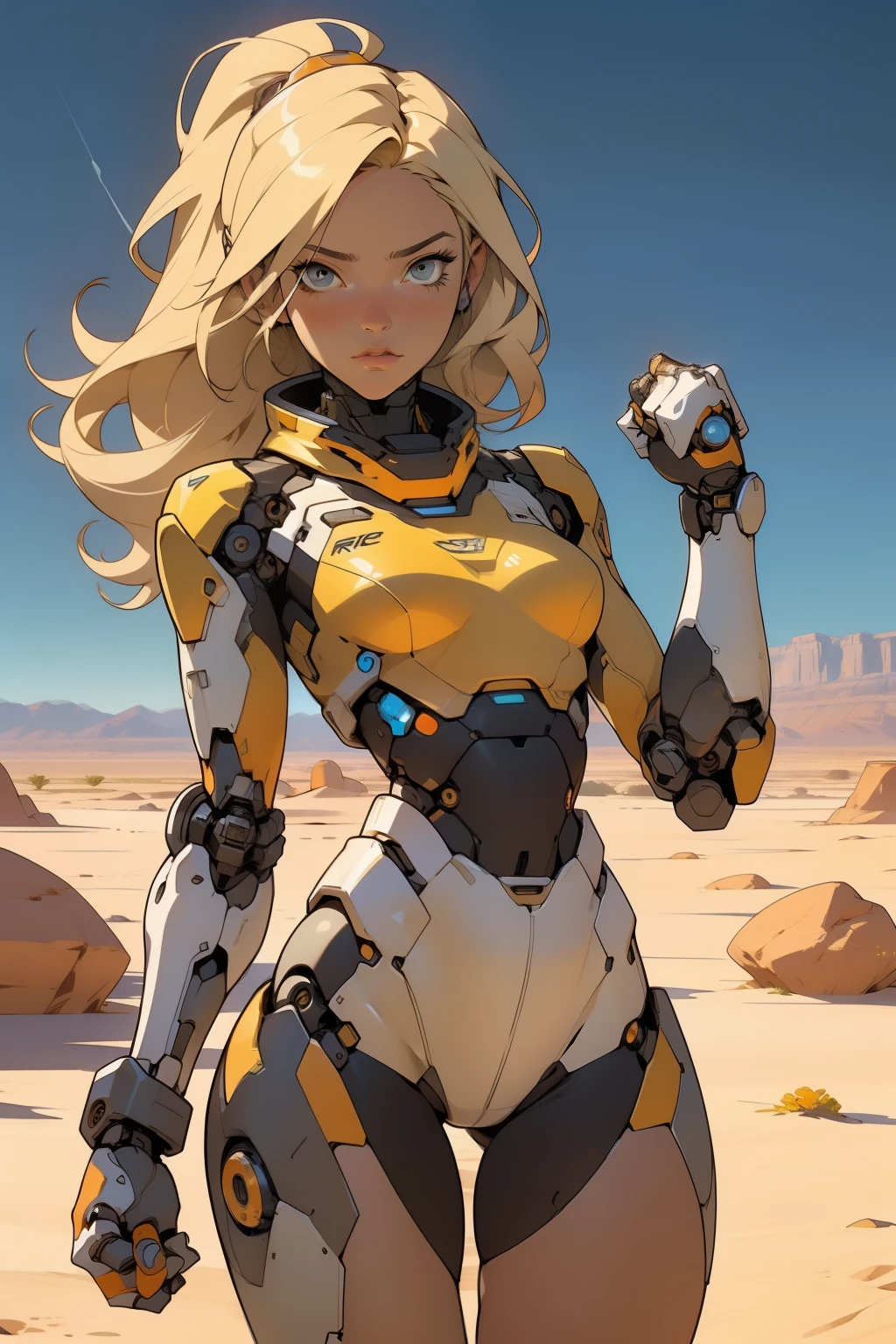 high quality, 4k, masterpiece, beautiful, cyborg girl, cowboy shot, dull eyes, front, looking at viewer, long blonde hair, girl, small breasts, fit thighs, robotic arms, robotic body, cyborg body, white & yellow uniform, orange accent, intricate detail, joint, detailed lines, robotic detail, holding fist up, holding hand up as fist, color robotic parts, robotic parts with color, perfect fingers, on a desert planet, sunny background, colorful desert, a river or a lake in the background, slender thighs, skinny thighs,