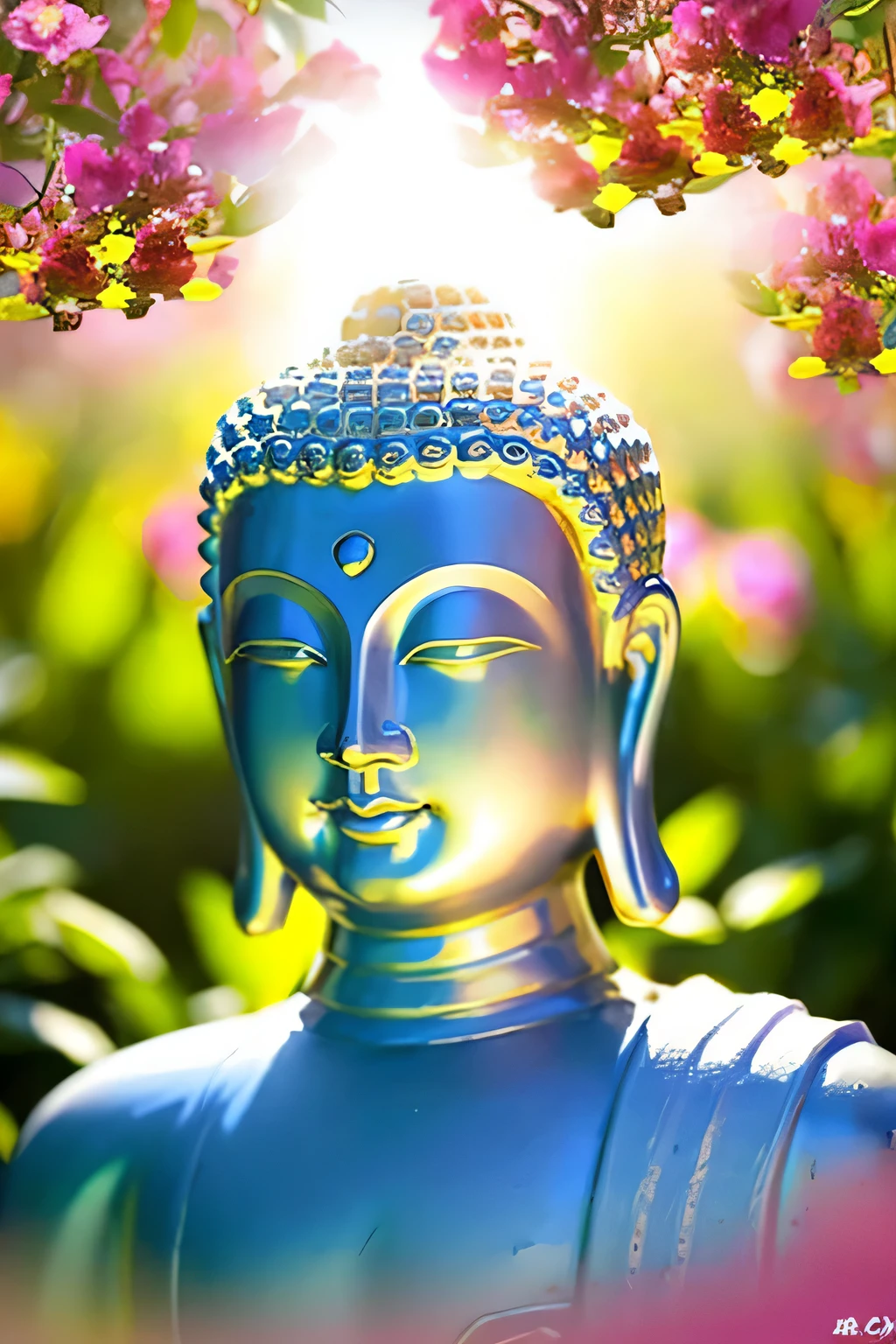 bright background buddha statue Buddha solo front looking here halo is shining upper body only close up of face join hands like a photo The background is full of flowers fantastic background