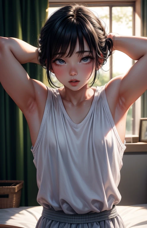Raw photo, theme, 8k uh, Digital single-lens reflex camera, soft lighting, high quality, film grain, Fujifilm XT3, (sharp focus:1.1), Super detailed, (looking at the viewer:1.1), nice, beautiful, armpit, sleeveless shirt, black hair