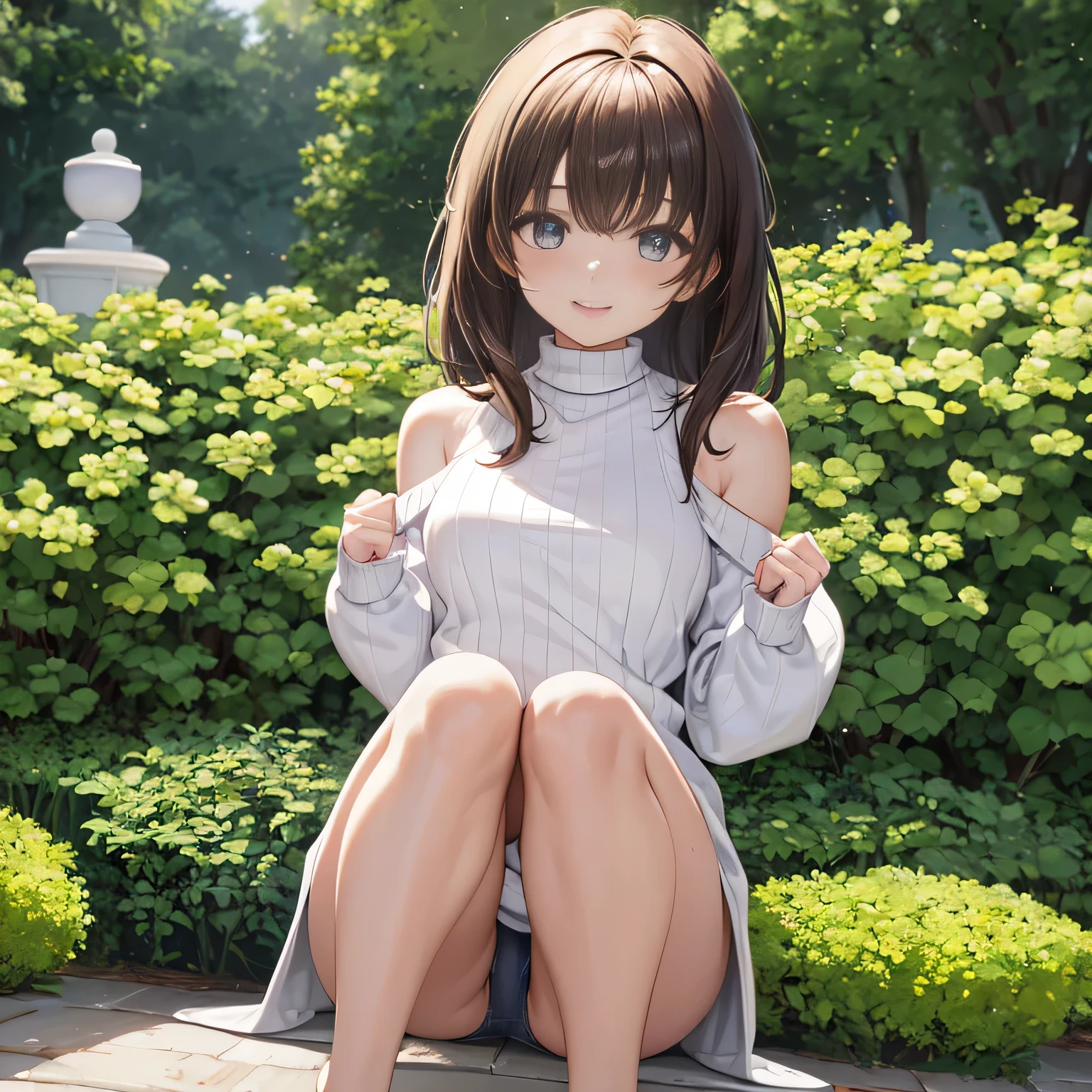 ((highest quality, 8K, masterpiece:1.3)), concentrated:1.2, perfect body beauty:1.4, buttocks:1.2, ((delicate hair)), (Colorful Solid Cold Shoulder Oversized Sweater、 :1.1) , ((highest quality、8K、masterpiece:1.3))、1 girl、A sloppy smile、Full body Esbian、slim face、big 、Beautiful woman、(dark brown hair)、、1.1、Flickering Valley、detailed eyes、double eyelid、blurred background、超slim face、look down、garden、