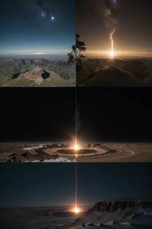 Creating a YouTube cover that captures the essence of a visit to a crater formed by a falling meteorite millions of years ago is a unique opportunity to mix mystery, history and natural beauty in a single design. Imagine a panoramic image where the central focus is the imposing crater, agora transformada em um mirante espetacular. The sky, tingido pelas cores vibrantes do amanhecer ou do entardecer, serve como pano de fundo, highlighting the crater&#39;s unique shapes and contours. No primeiro plano, silhouettes of people contemplating the vastness of space before them, connecting human smallness to the grandeur of the universe. The title, strategically placed at the top or bottom of the image, deve ser conciso mas impactante, algo como "Journey to the Cradle of a Crater: O Legado de um Meteorito". This design not only attracts attention but also instigates curiosity., inviting the viewer to embark on this visual and historical journey through its content on YouTube. ACRESCENTE UM MIRANTE E SILUETAS DE DUAS PESSOAS OLHANDO PARA O HORIZONTE
