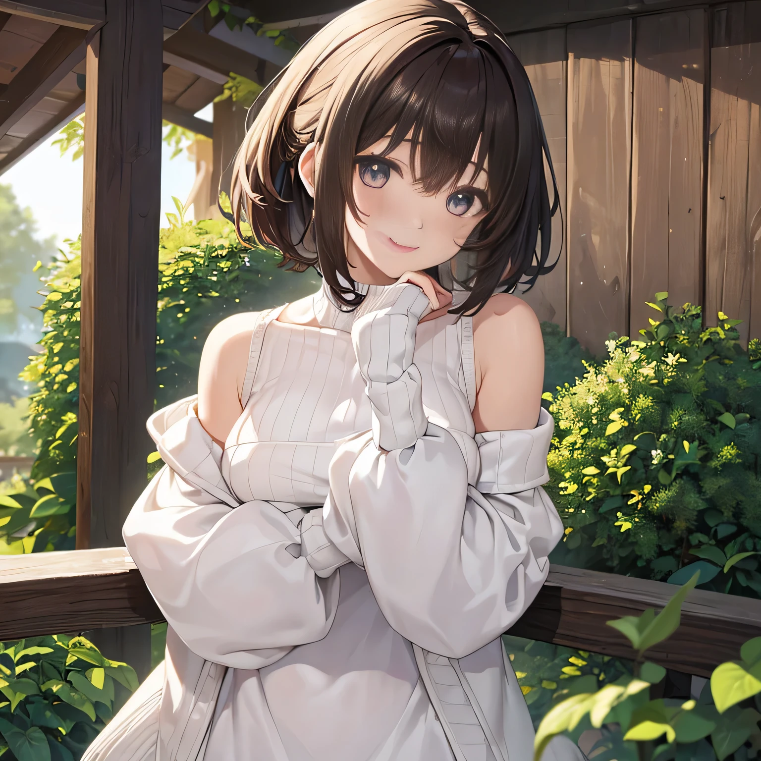 ((highest quality, 8K, masterpiece:1.3)), concentrated:1.2, perfect body beauty:1.4, buttocks:1.2, ((delicate hair)), (Colorful Solid Cold Shoulder Oversized Sweater、 :1.1) , ((highest quality、8K、masterpiece:1.3))、1 girl、A sloppy smile、Full body Esbian、slim face、big 、Beautiful woman、(dark brown hair)、、1.1、Flickering Valley、detailed eyes、double eyelid、blurred background、超slim face、look down、garden、