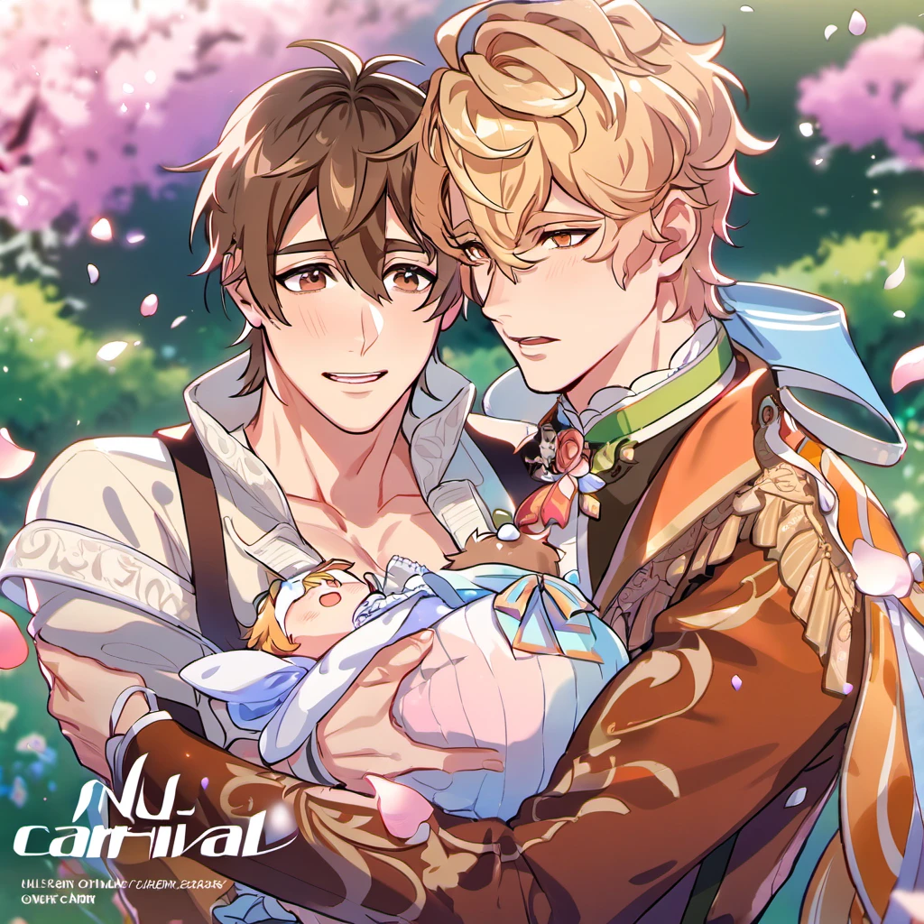 absurdres, highres, ultra detailed, HDR, master piece, best quality, Quincy, blond messy hair, expressive orange eyes, Nu Carnival, Eiden, brown hair, expressive brown eyes, 2 men together, holding a , gay couple, petals, garden, fantasy clothes
