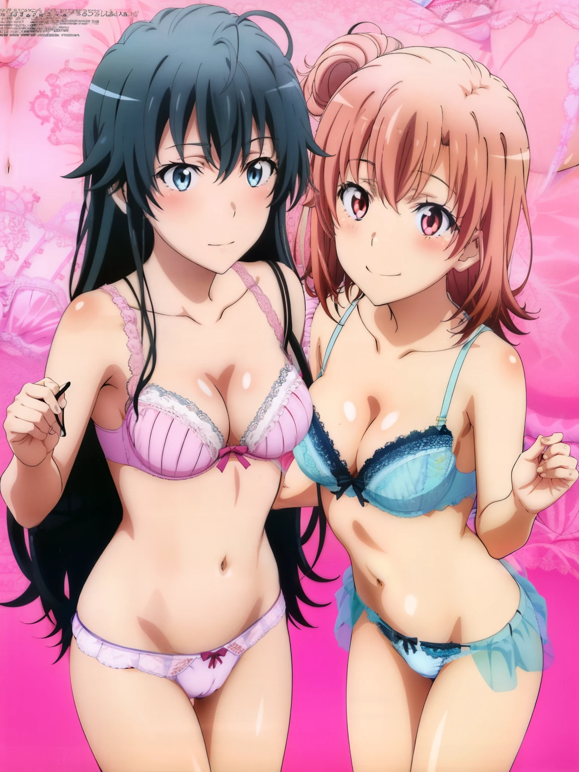 2 girls , Yukinoshita Yukino , yuigahama yui , waltz dance , In underwear,pink good、pink lace panties,Light Blue Bra,Light blue lace panties,(pull down panties:1.0,)Pussy,nsfw,high angle,blush,look at the camera,megami magazine,